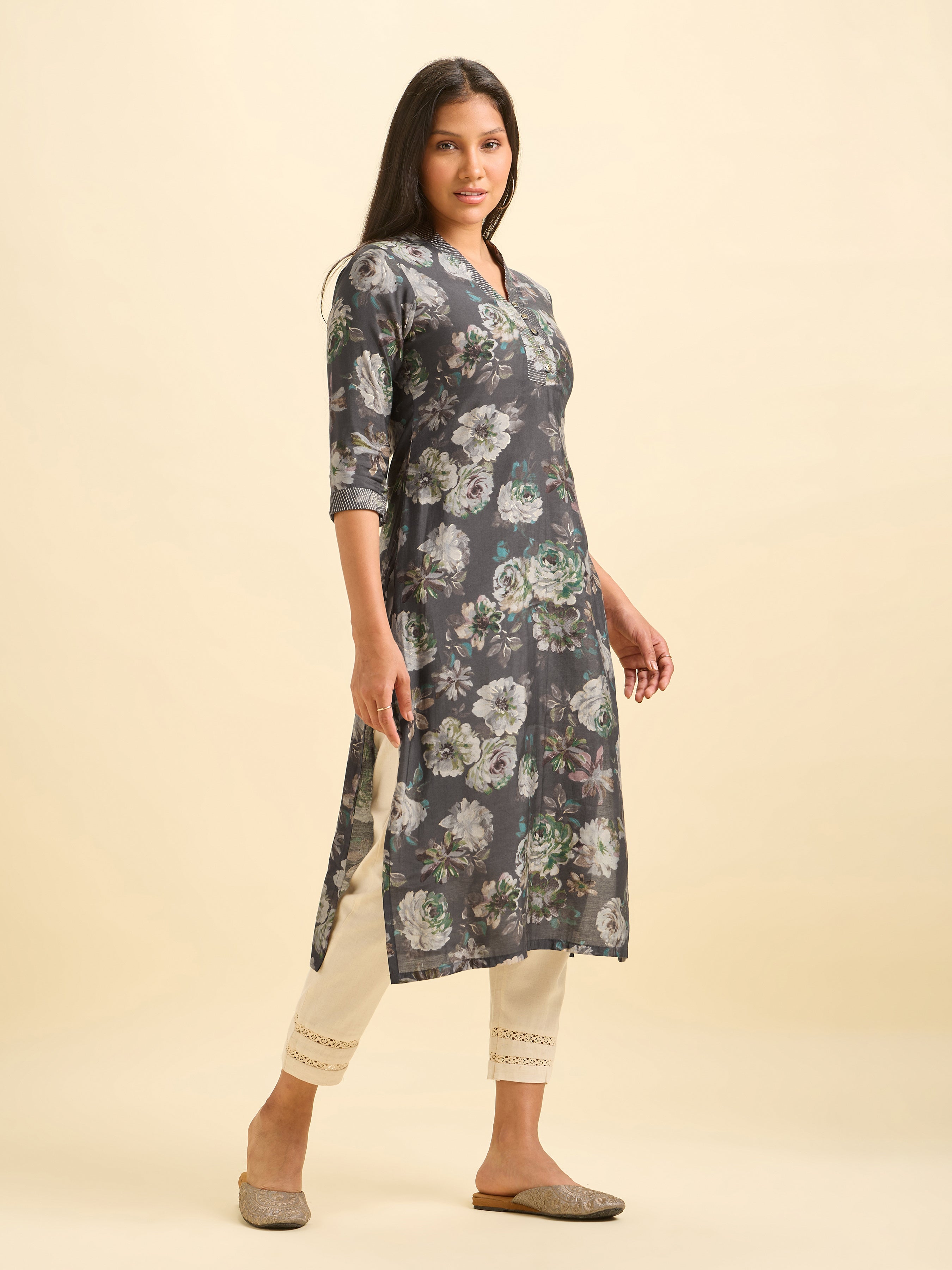 Dark Grey Modal Chanderi Printed Slited Kurti With Embroidery