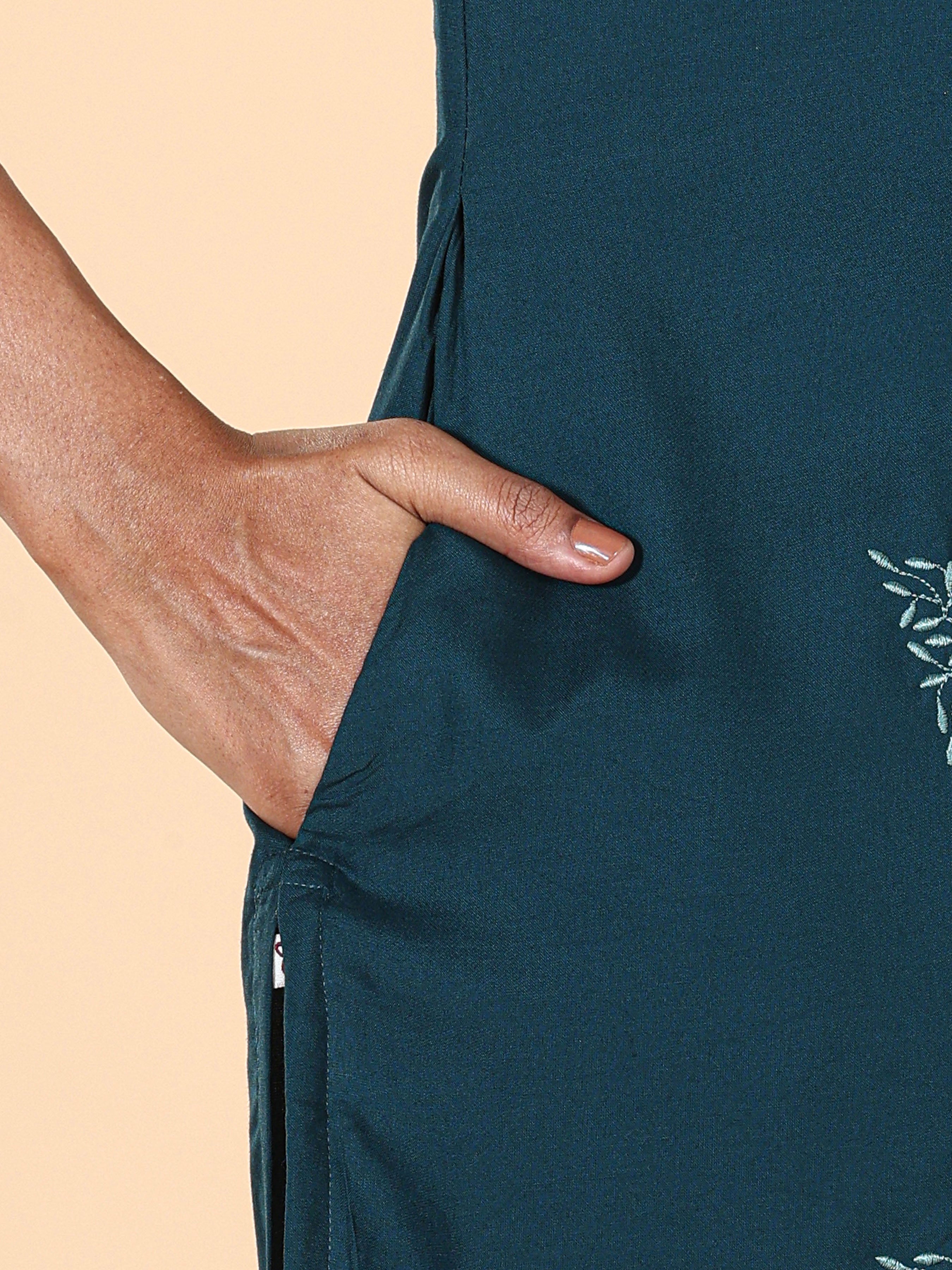 Teal Blue Viscose Plain Kurti With Embroidery