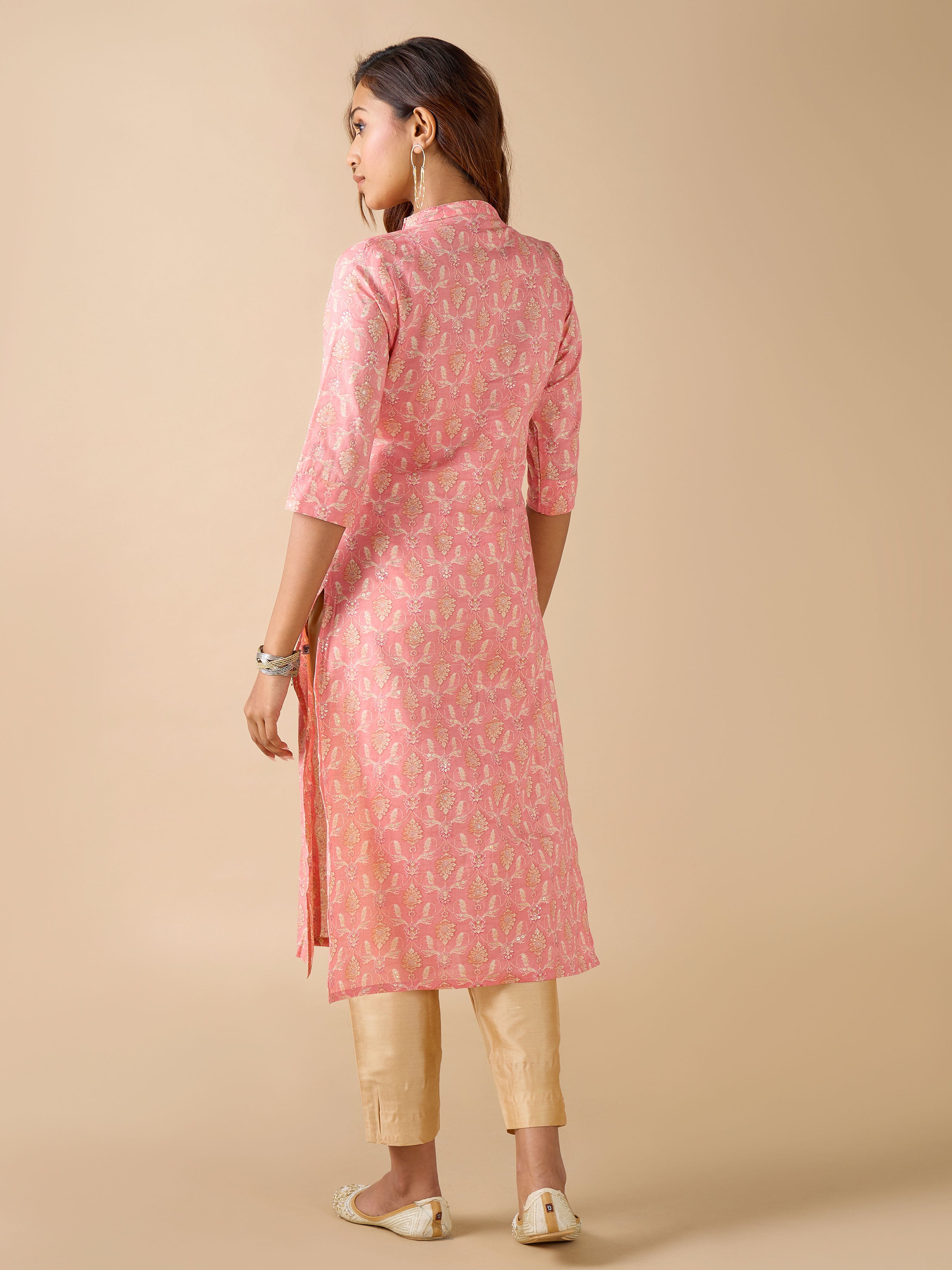 Pink Pure Cotton Foil Printed Kurti With Lace And Embroidery