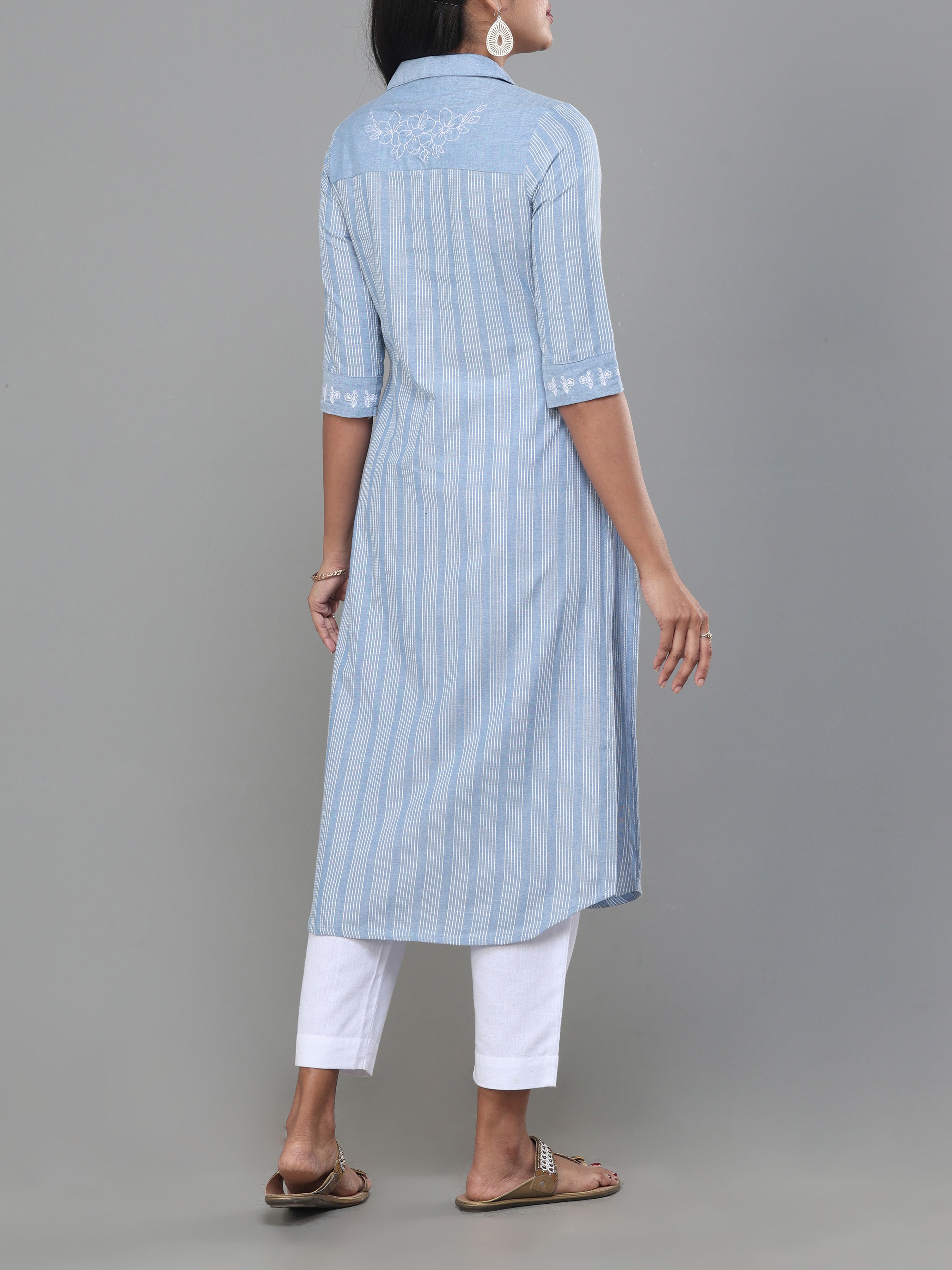 Denim Blue Cotton Dobby Kurti With Shirt Collar
