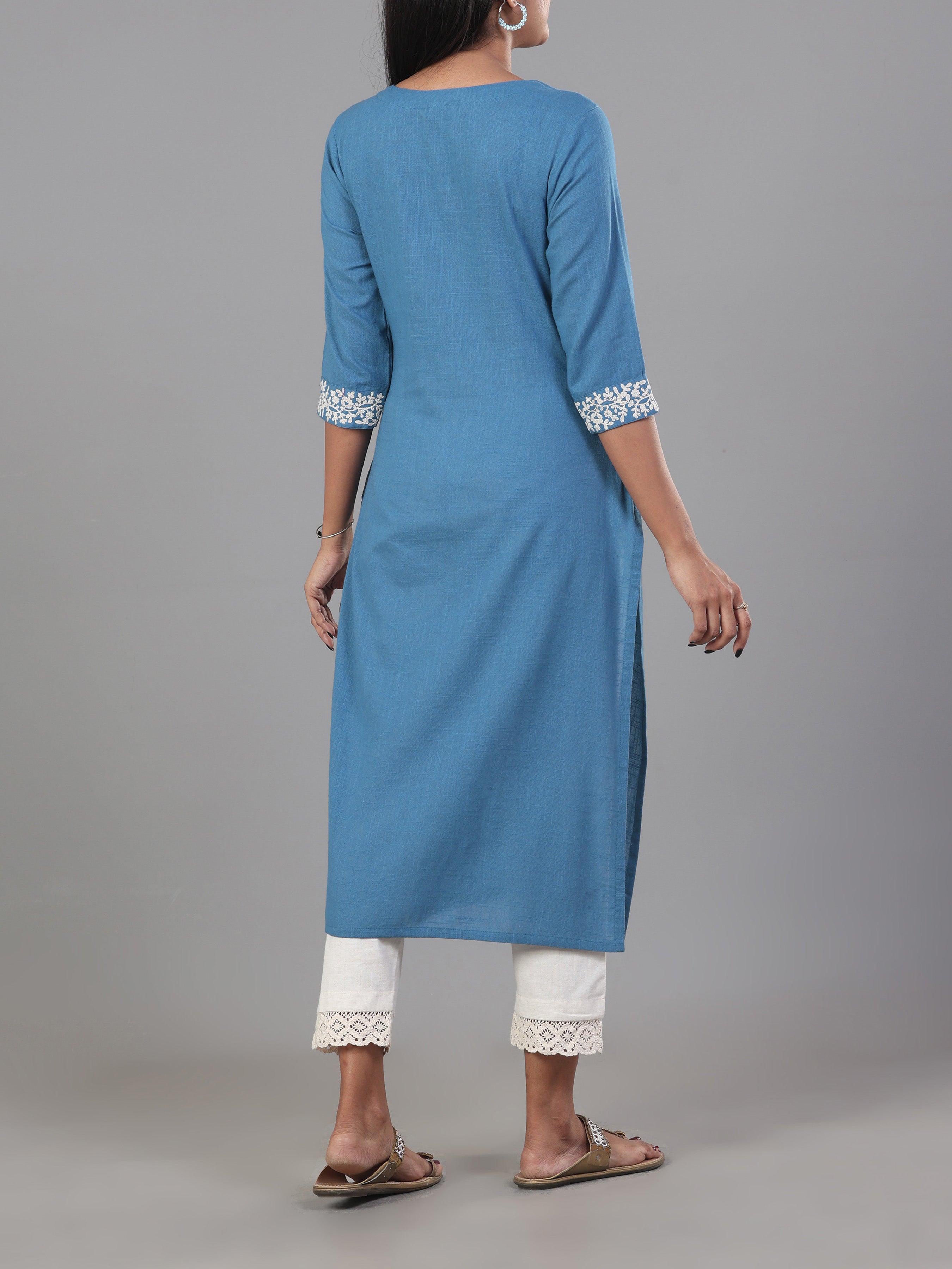Light Blue Cotton Slub Kurti With Embroidery
