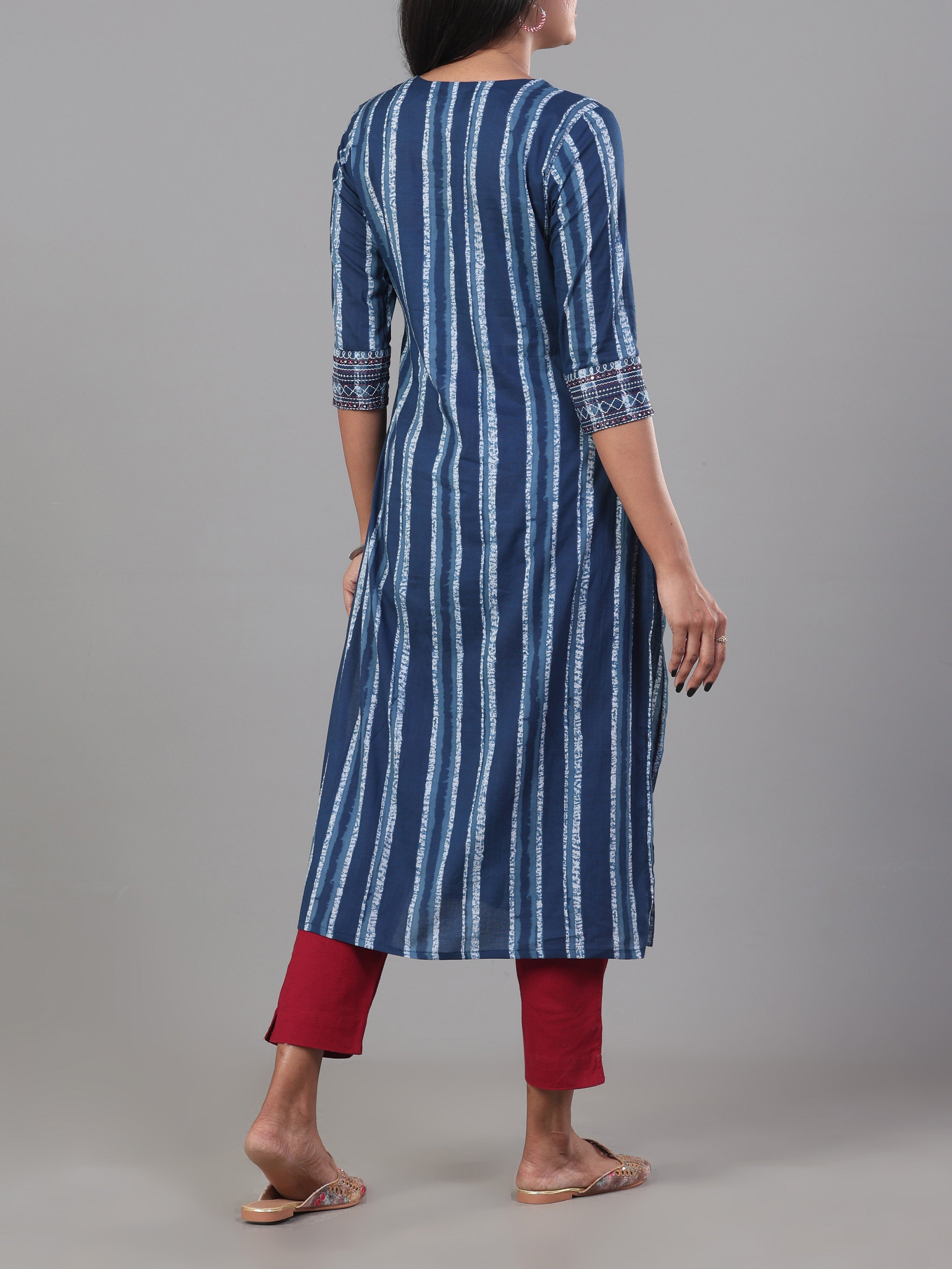 Denim Blue Pure Cotton Printed Kurti With Embroidery