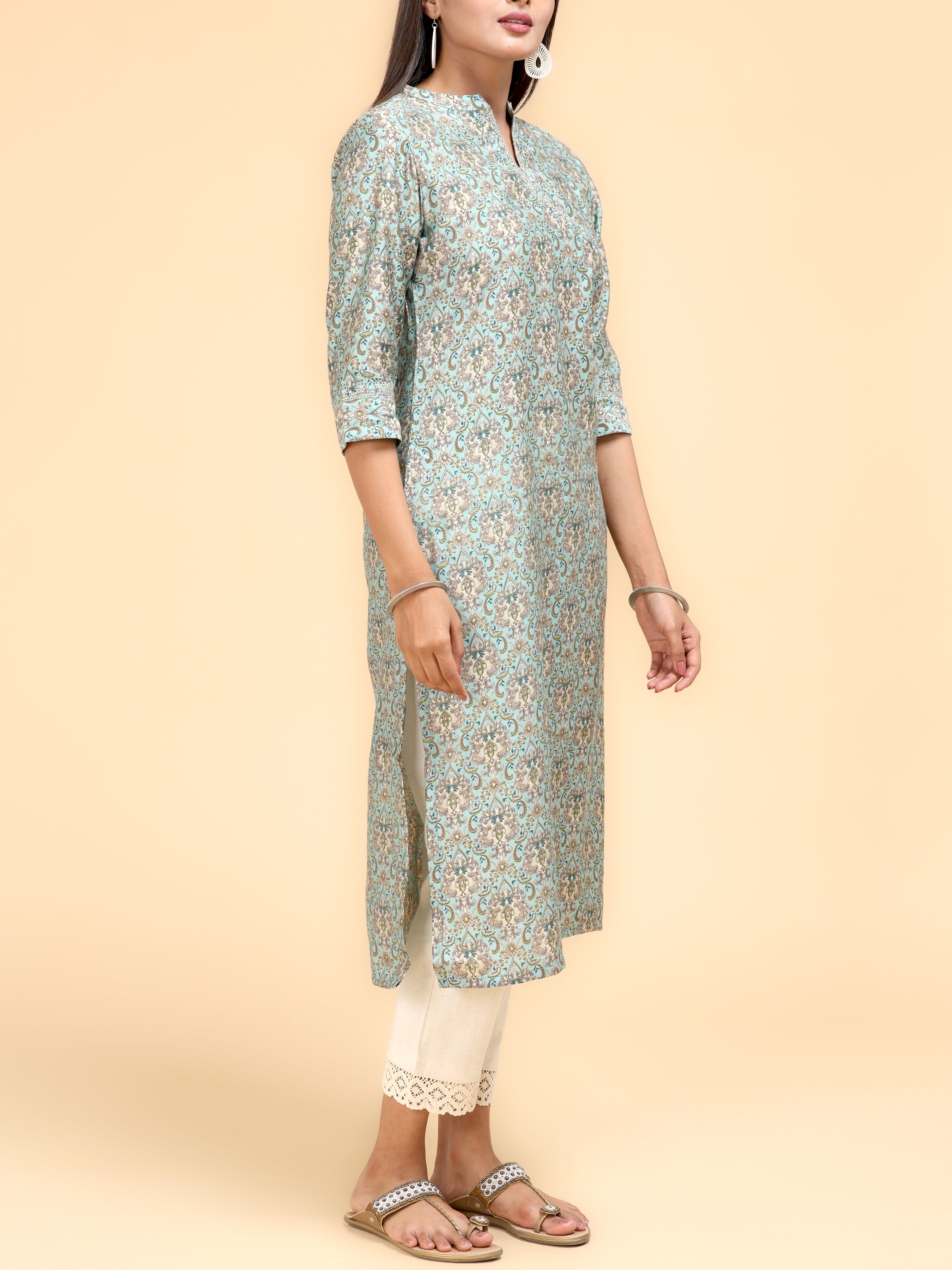 Aqua Green Modal Chanderi Kurti With Print