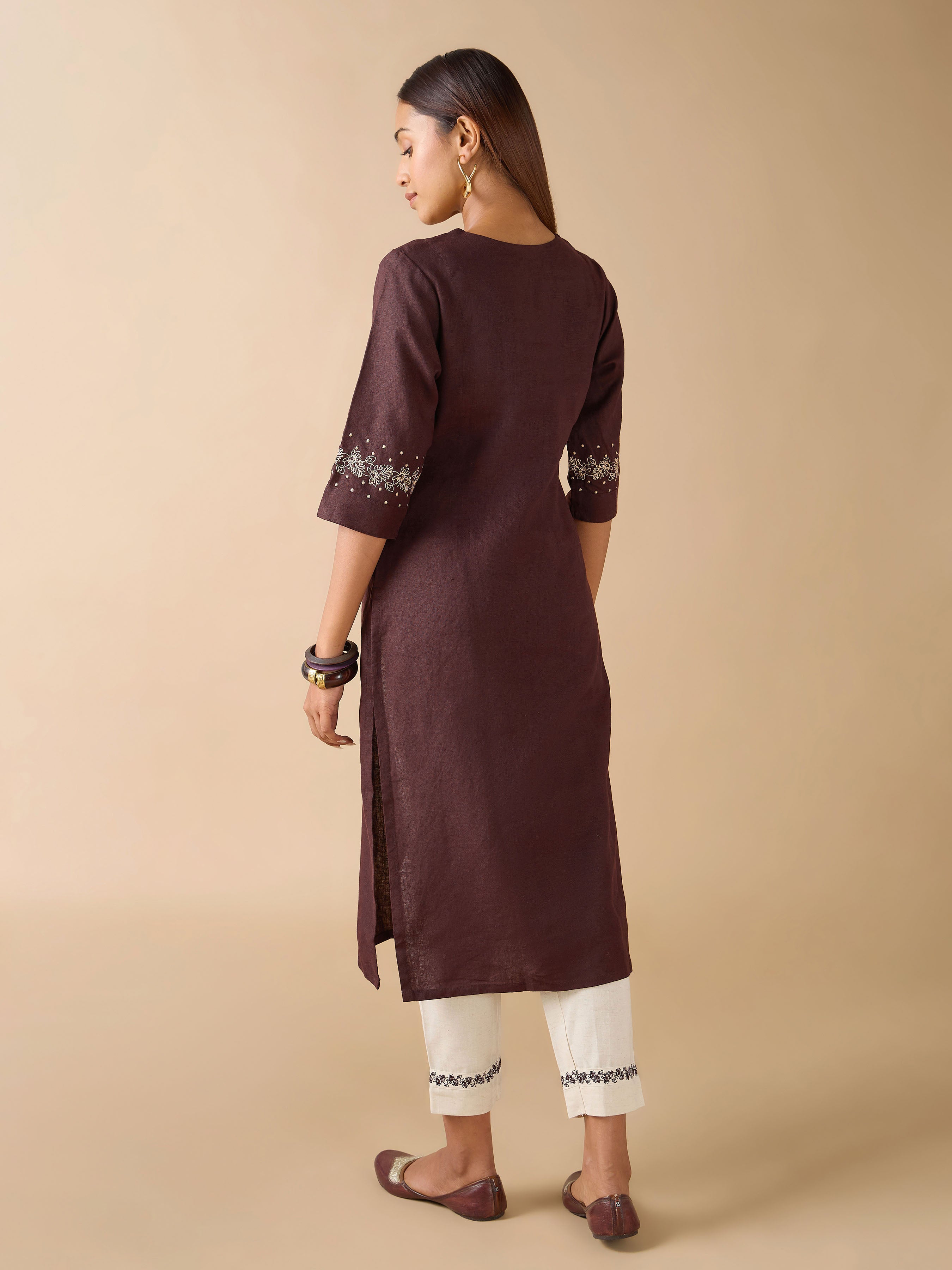 Women Wearing Coffee Brown Linen Plain Kurti with Embroidery And Matching Bottom