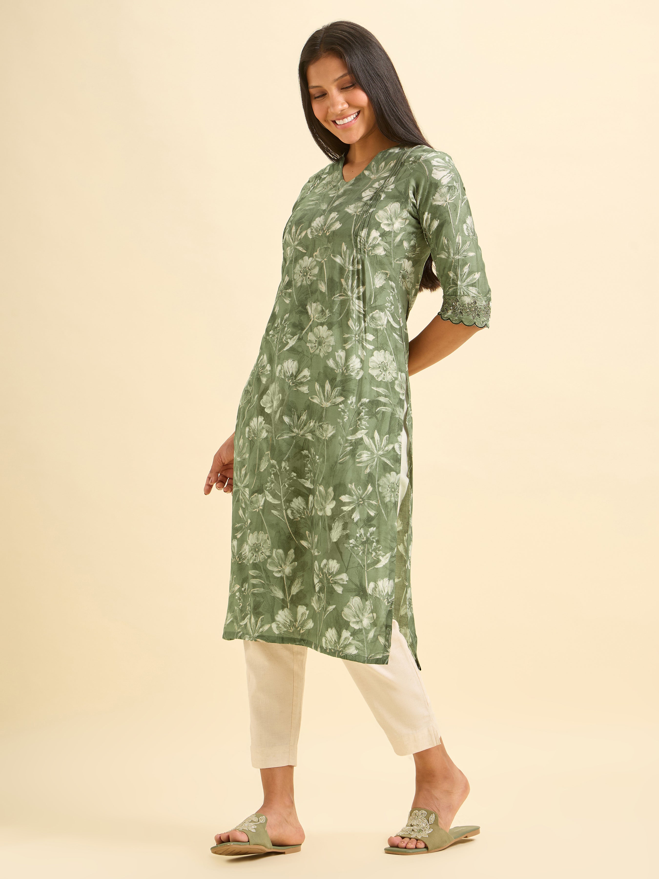 Olive Green And Ivory Modal Chanderi Printed Slited Kurti With Pintucks And Embroidery And Sequins Work