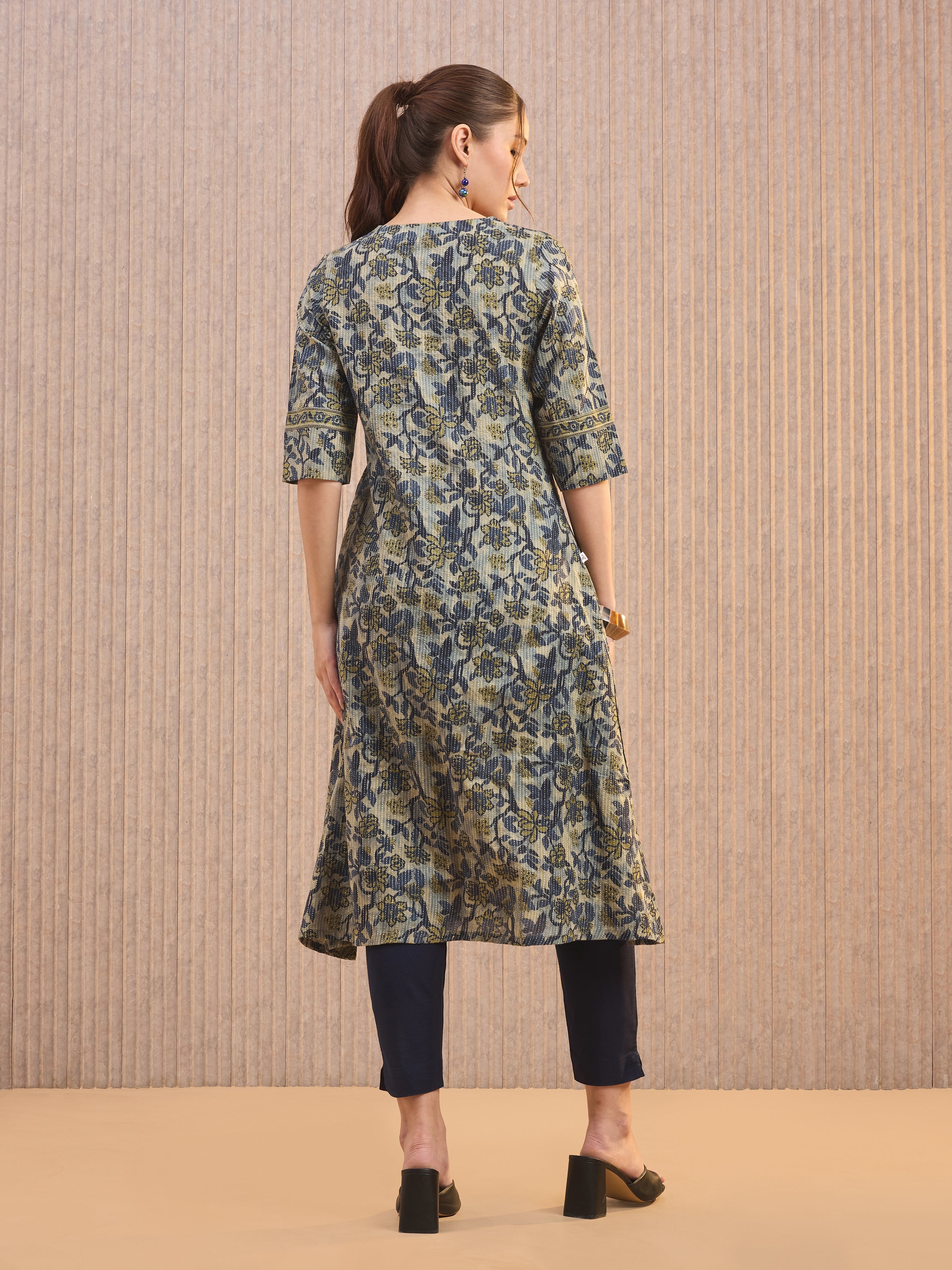 Olive Green Pure Cotton Printed Kurti With Lace Detailing