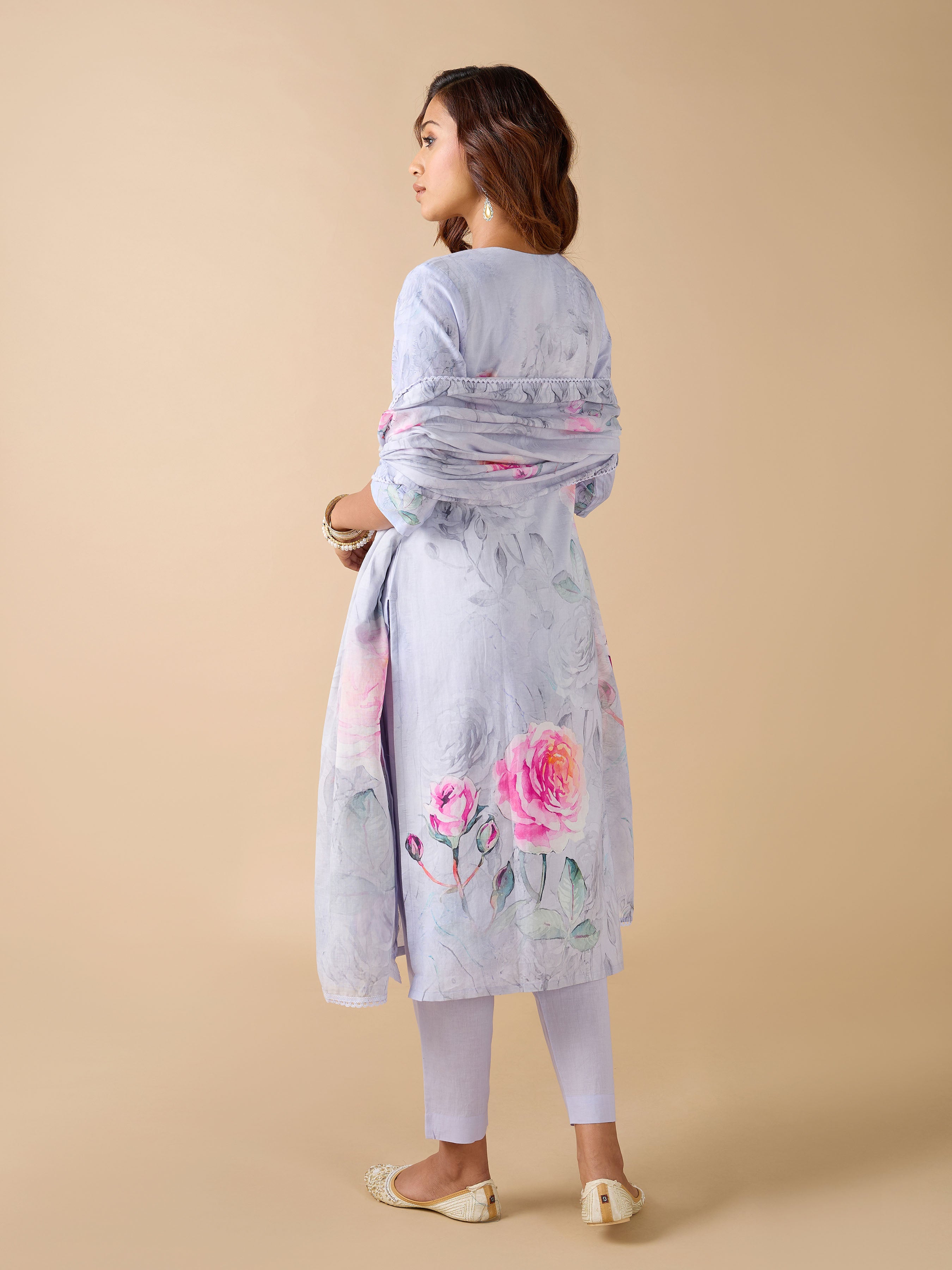 Lavender Pure Cotton Printed Kurti With Embroidery And Matching Bottom