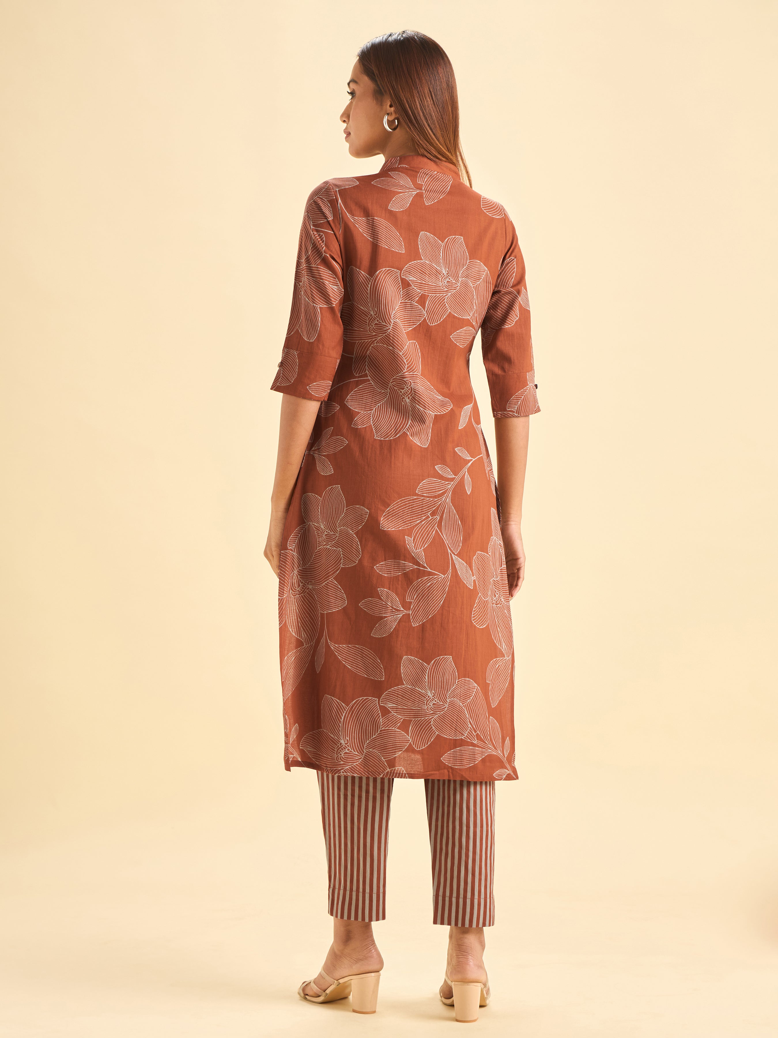 Rust Orange Pure Cotton Slit Kurti With Print
