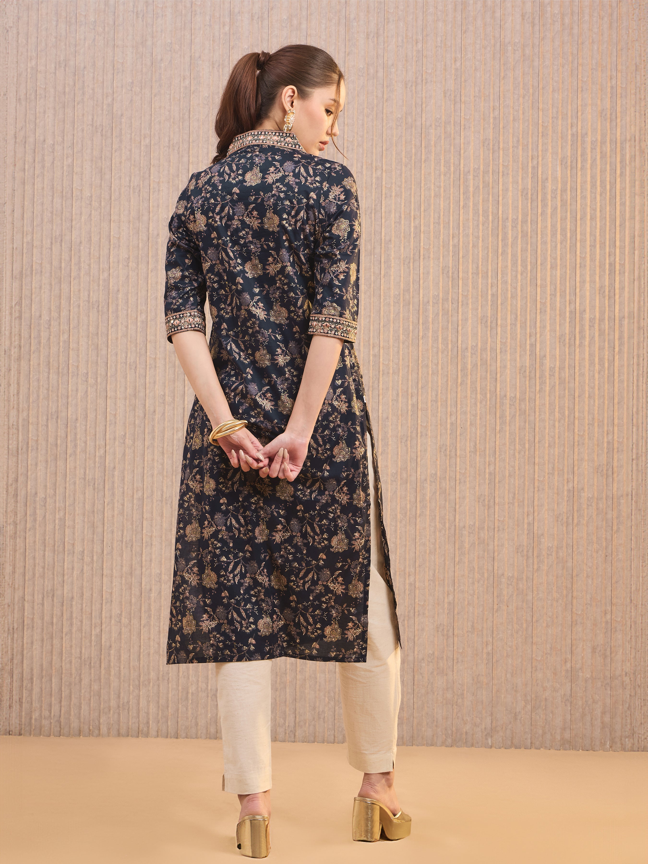 Navy Blue Pure Cotton Foil Printed Kurti With Mirror Work