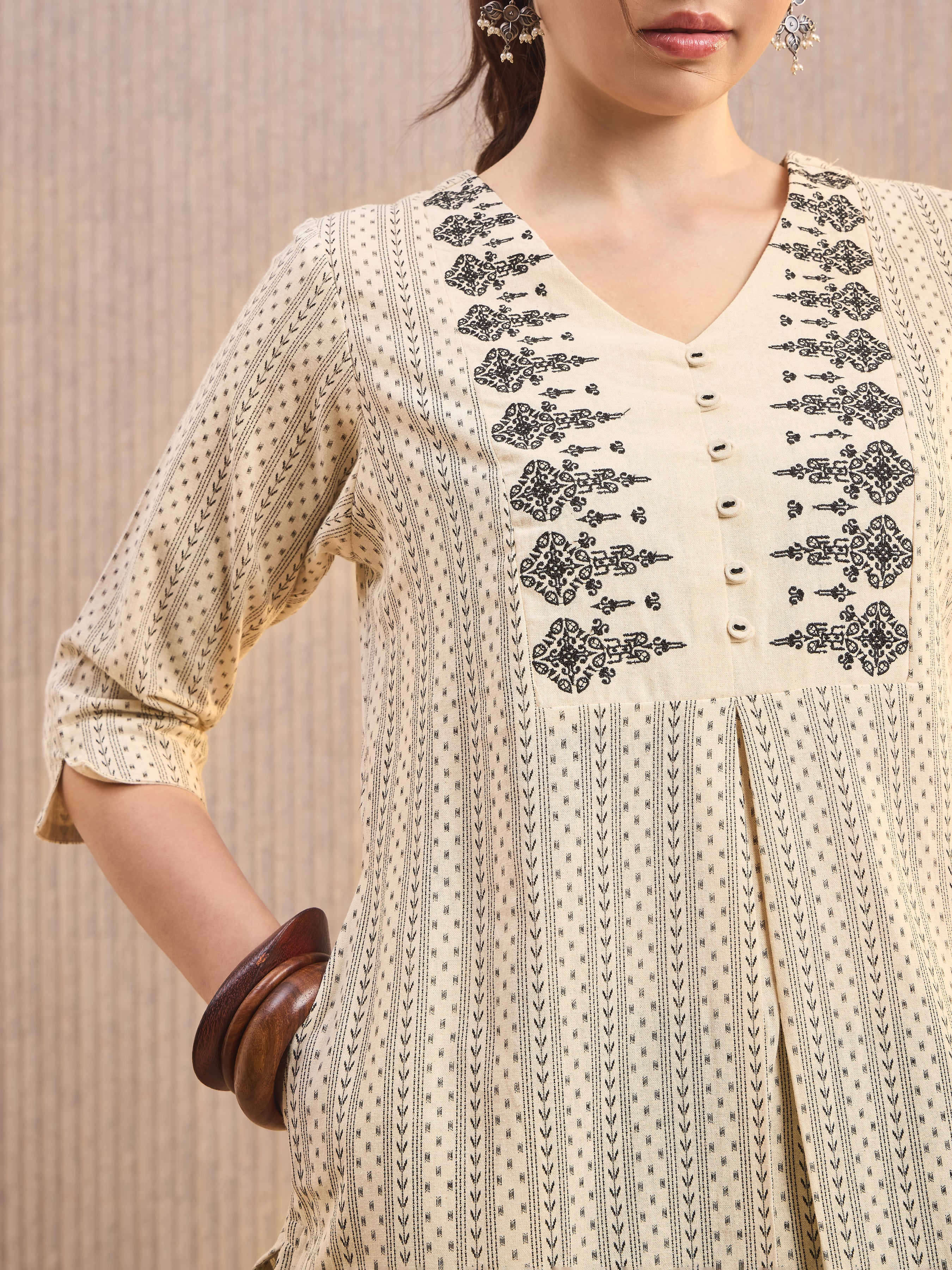 Ivory Cotton Flax Printed Kurti With Embroidery