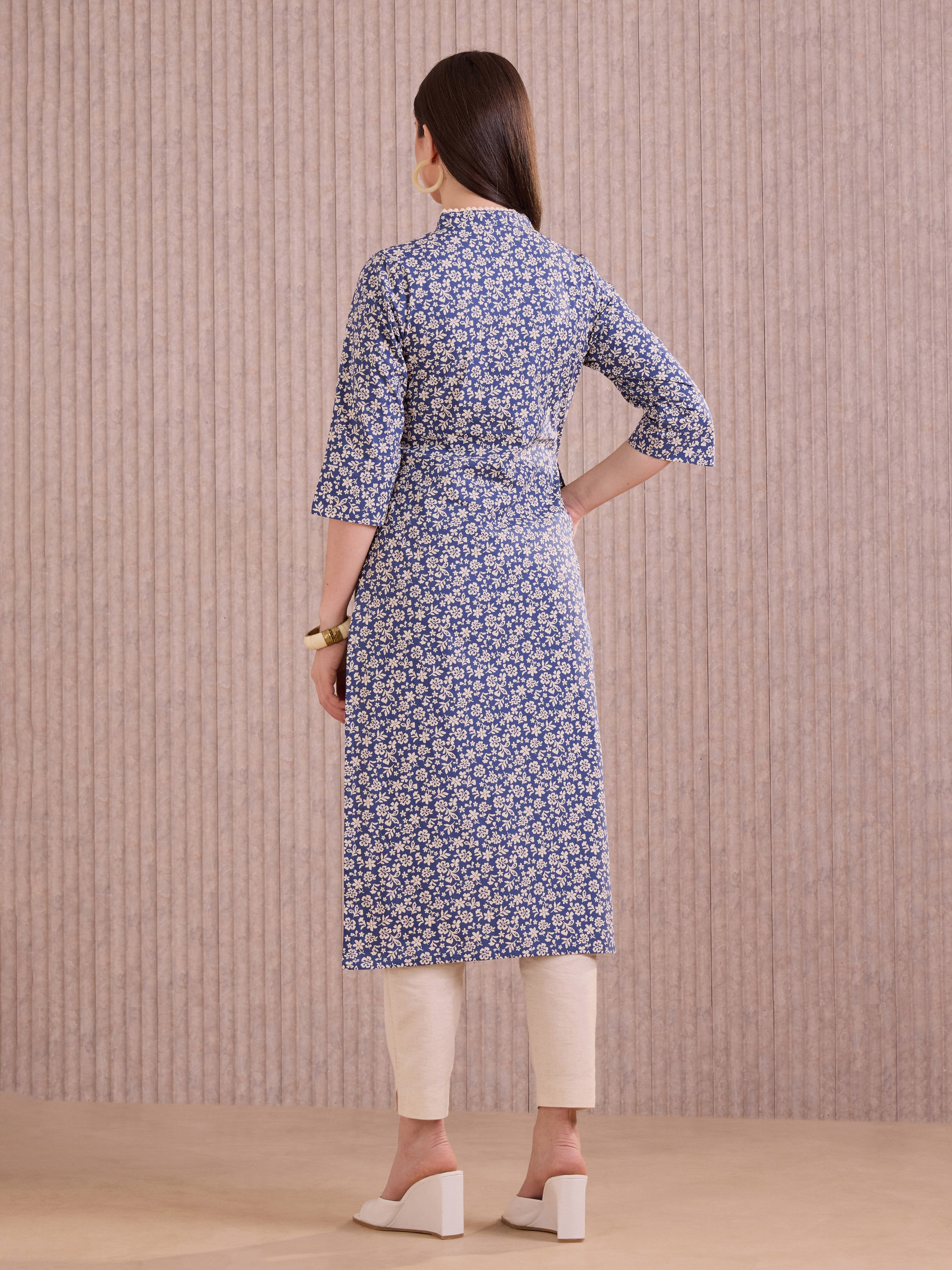 Blue Colour Pure Cotton Printed Kurti With Lace
