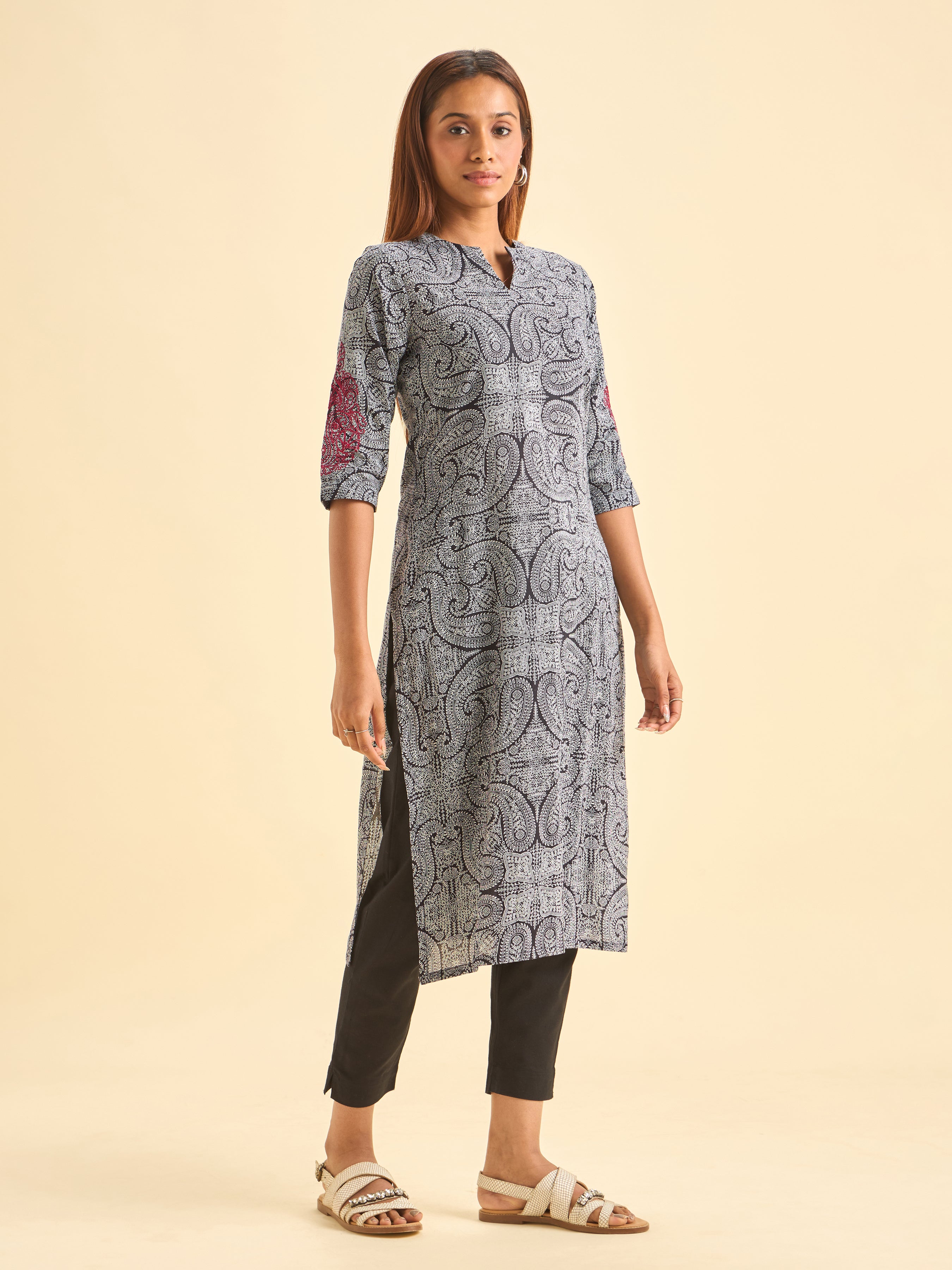 Black White Pure Cotton Printed Kurti With Embroidery