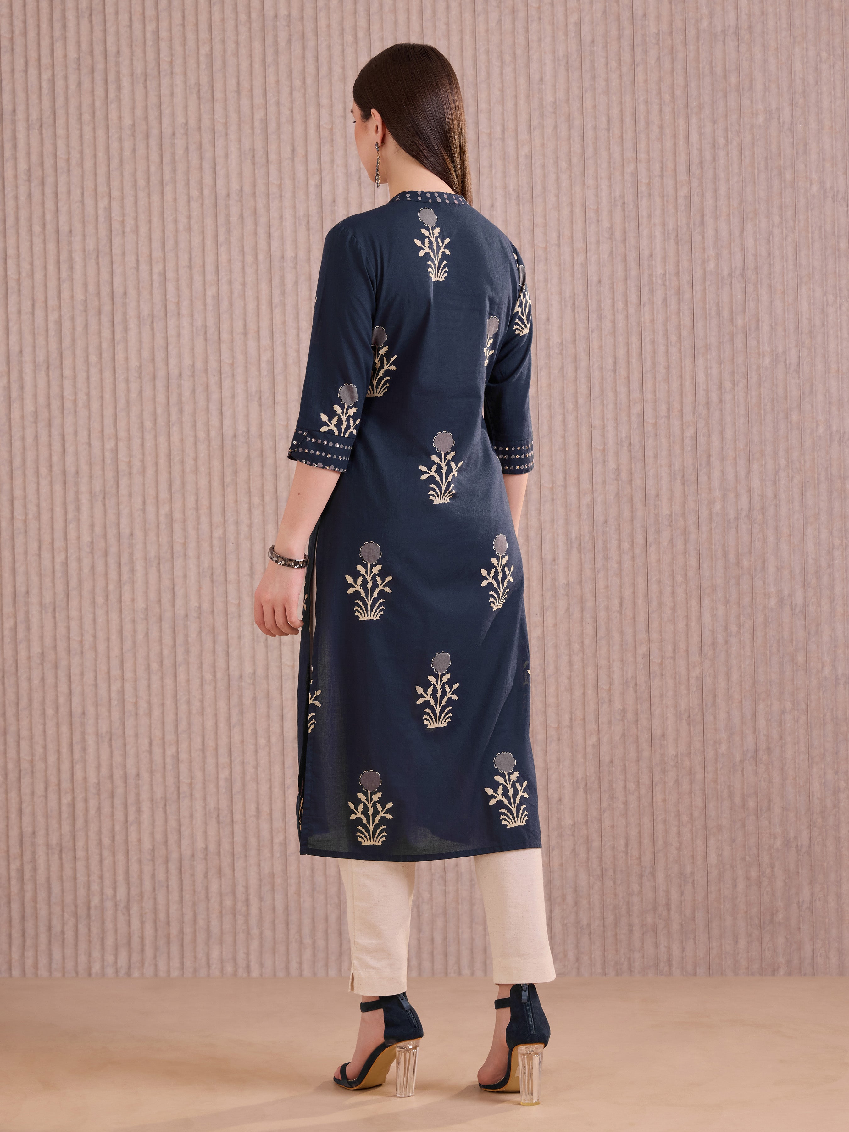 Navy Blue Pure Cotton Printed Kurti With Sequins Work