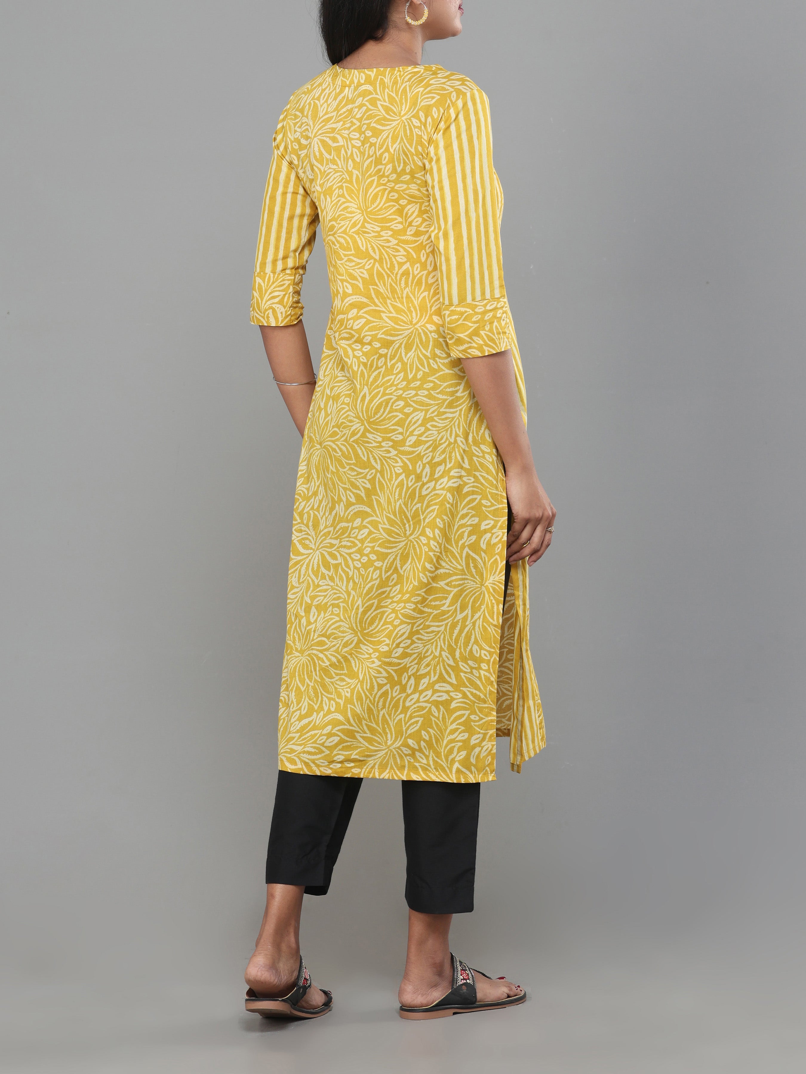 Yellow Pure Cotton Printed Kurti With Sequins Work
