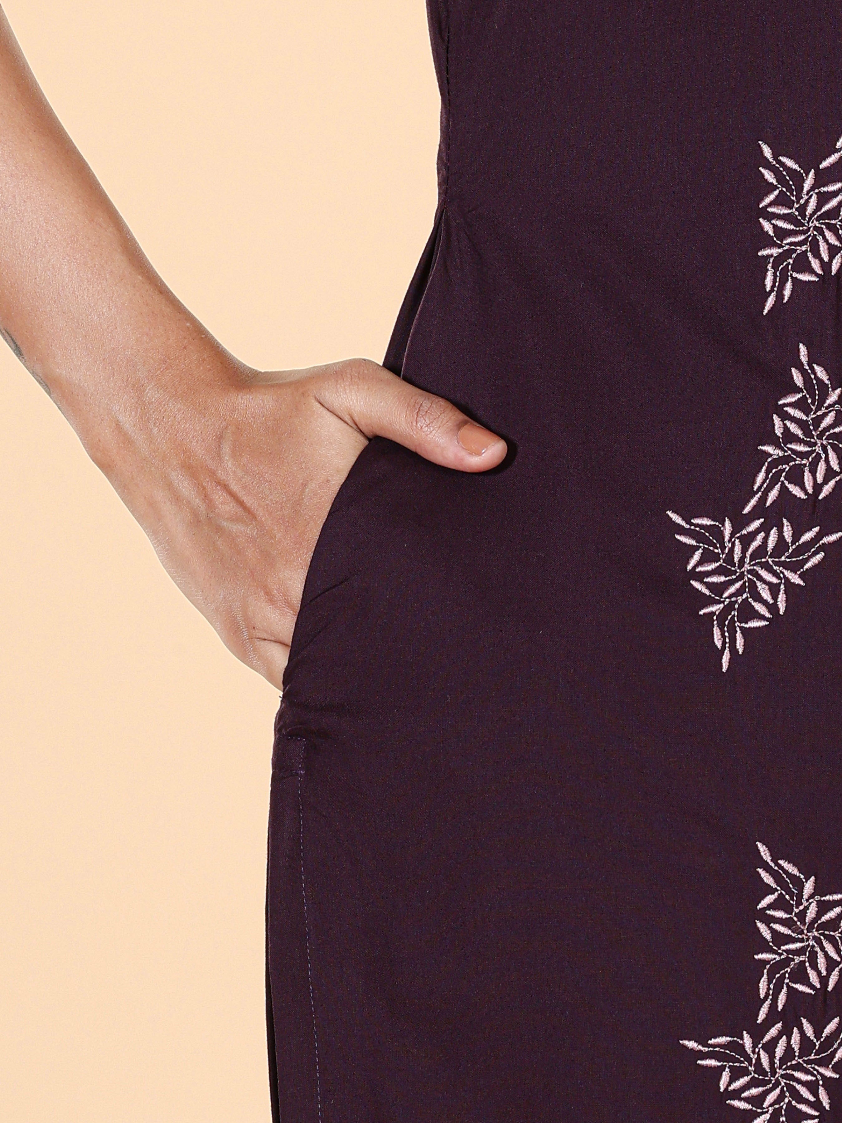 Maroon Viscose Plain Kurti With Embroidery