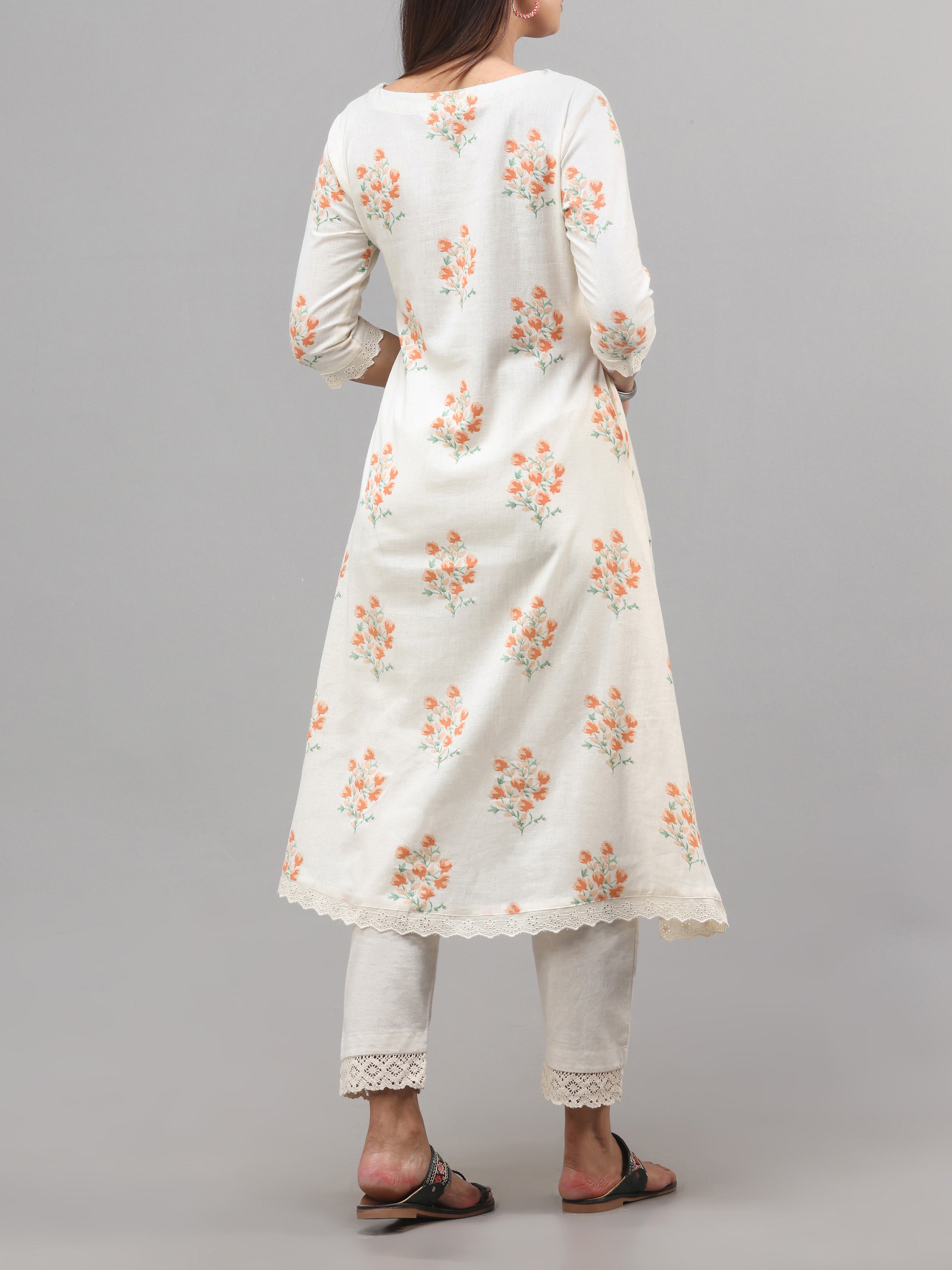 Ivory Colour Cotton Flax Printed Kurti With Embroidery