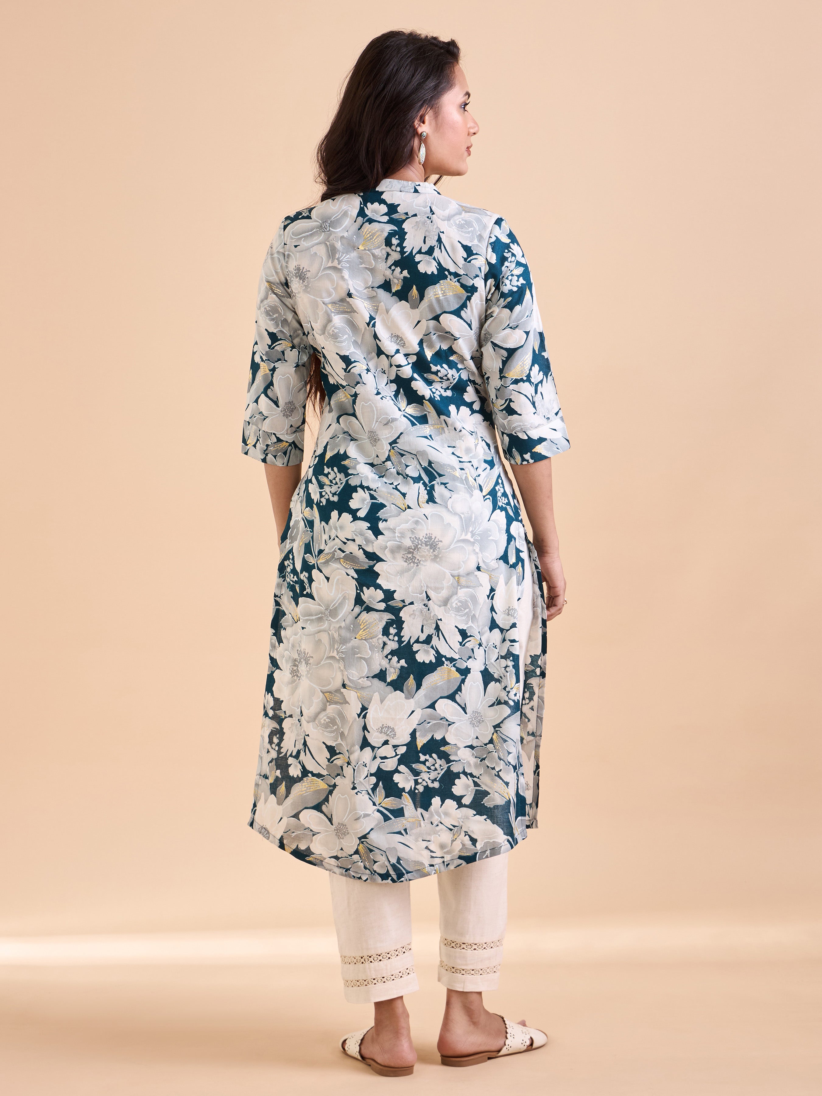 Teal Blue Pure Cotton Printed Kurti