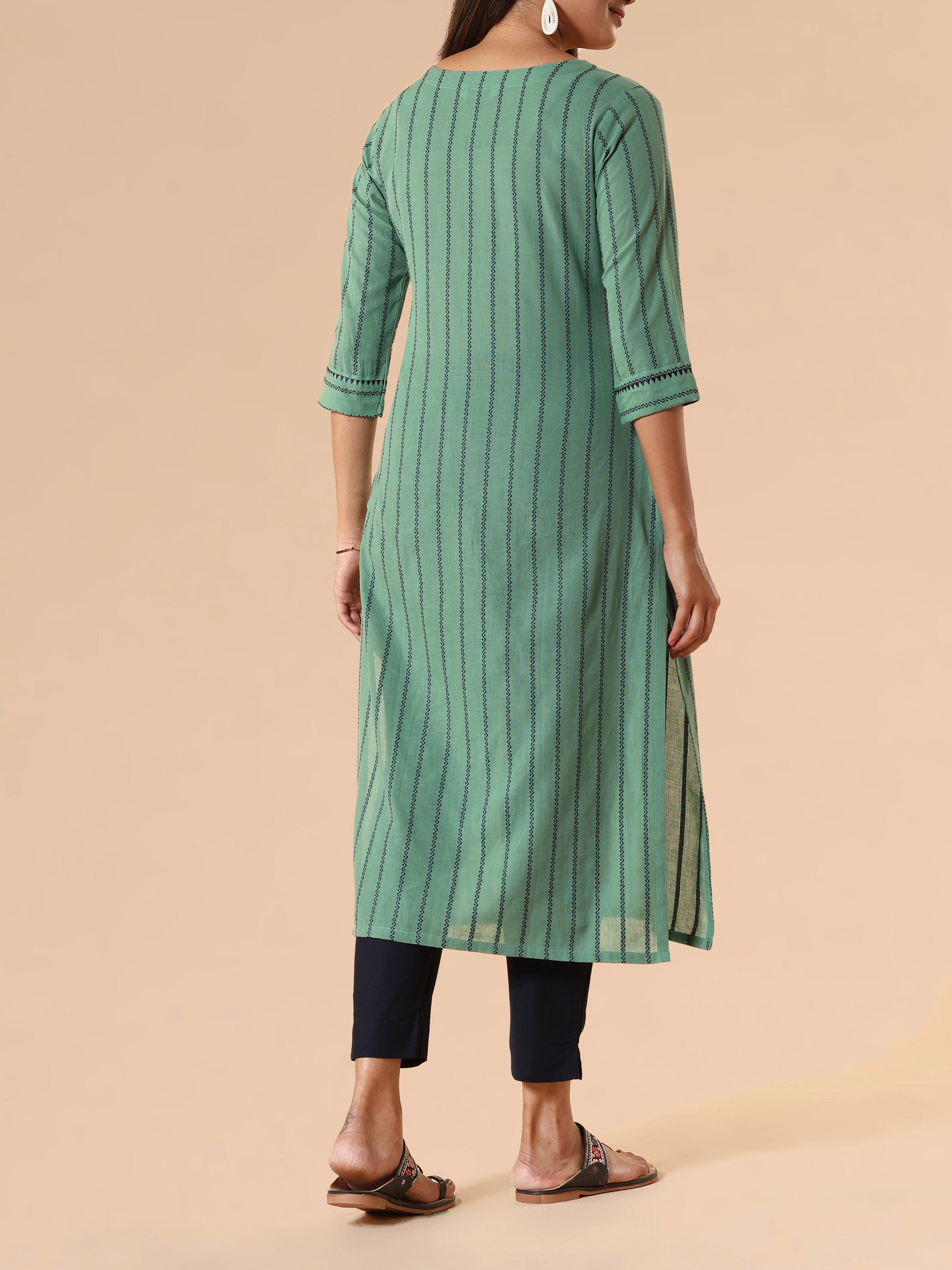 Mint Green Cotton Dobby Kurti With Embroidery