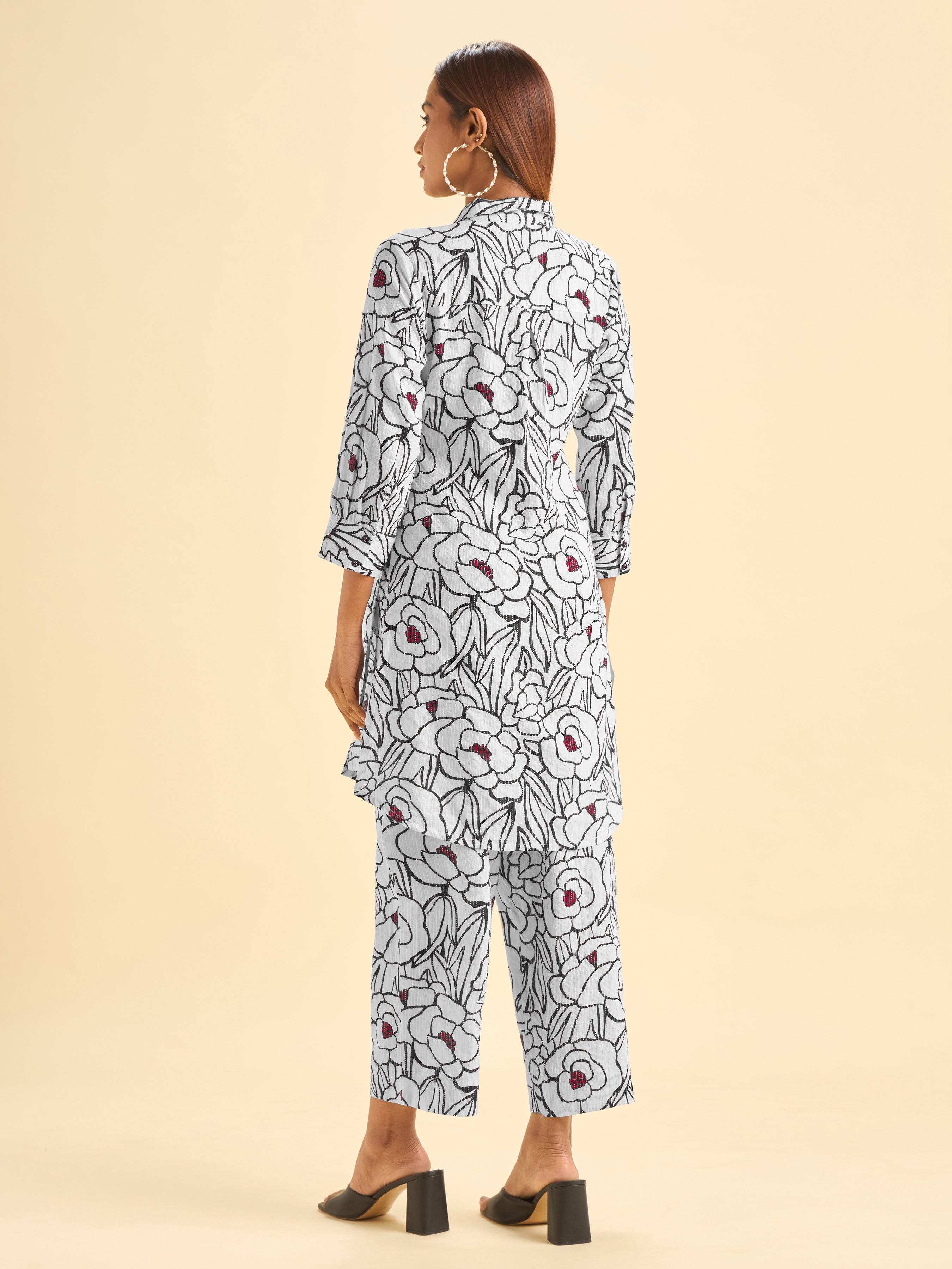 White And Black Pure Cotton Katha Printed Kurti Set With Curved Hem