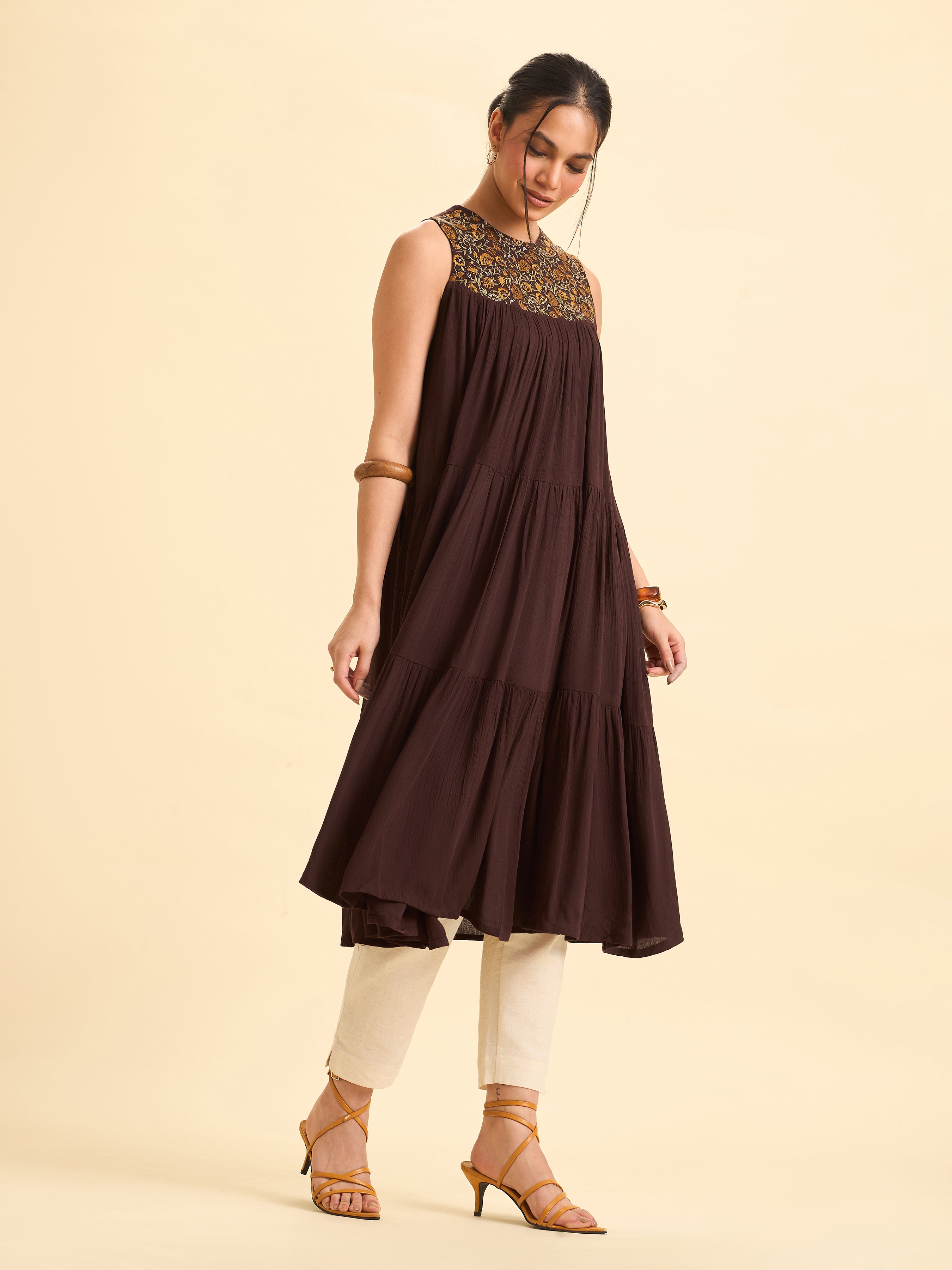 Women Wearing Coffee Brown Wrinkle Viscose Plain Flared Tiered Cut Kurti With Sequins Embroidery