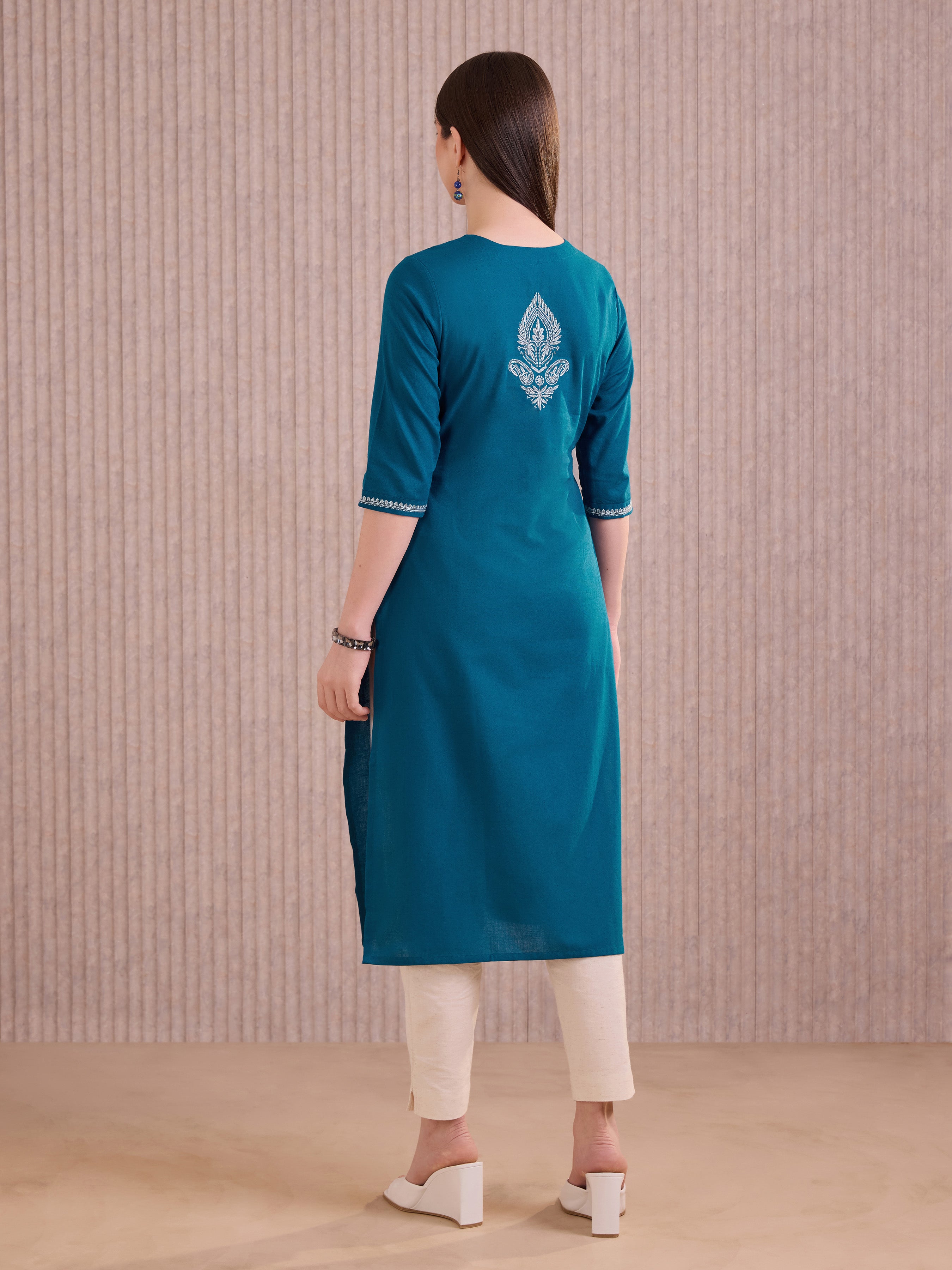 Blue Cotton Flax Kurti With Embroidery