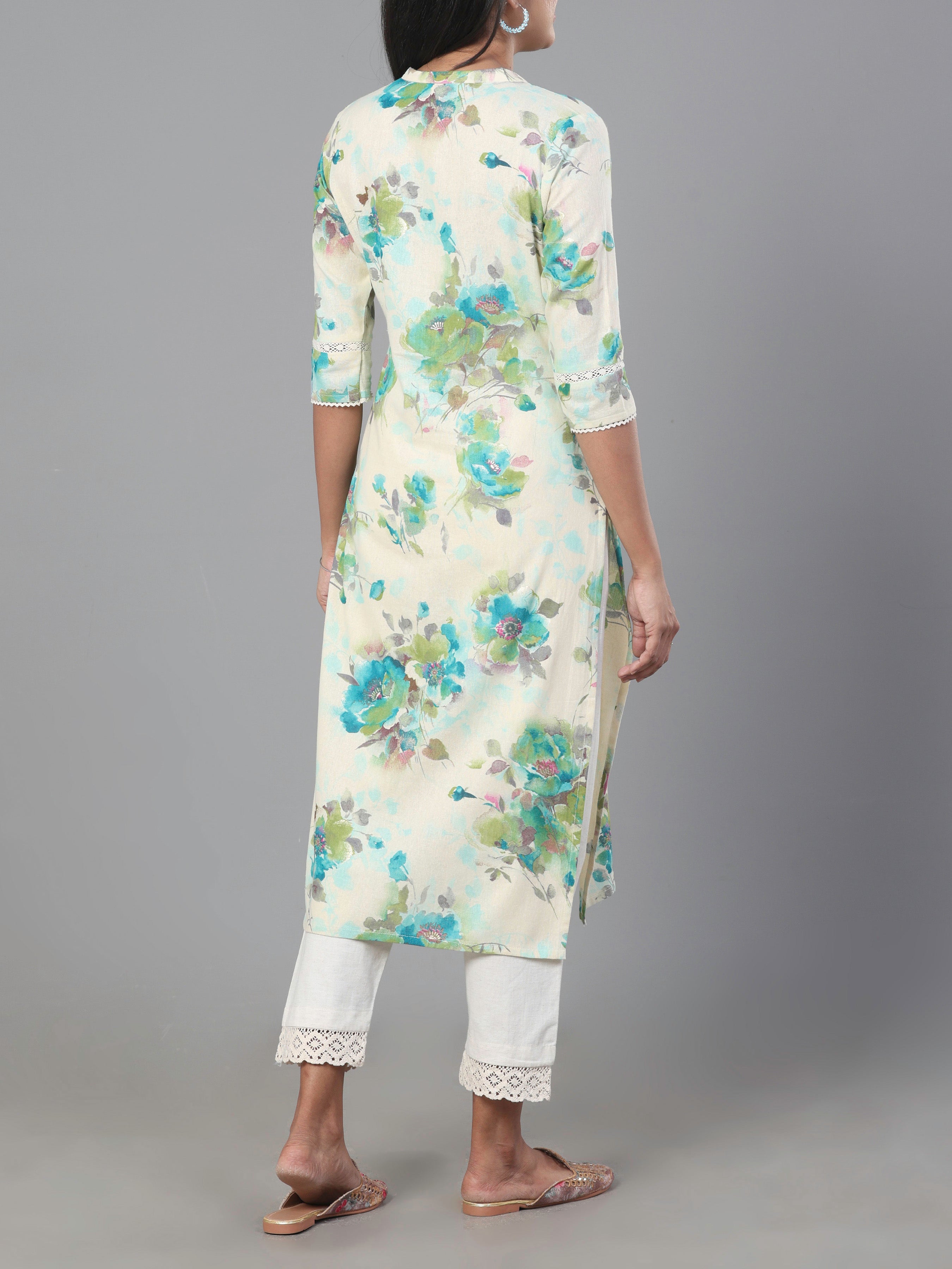 Ivory Cotton Linen Printed Kurti With Lace Detailing