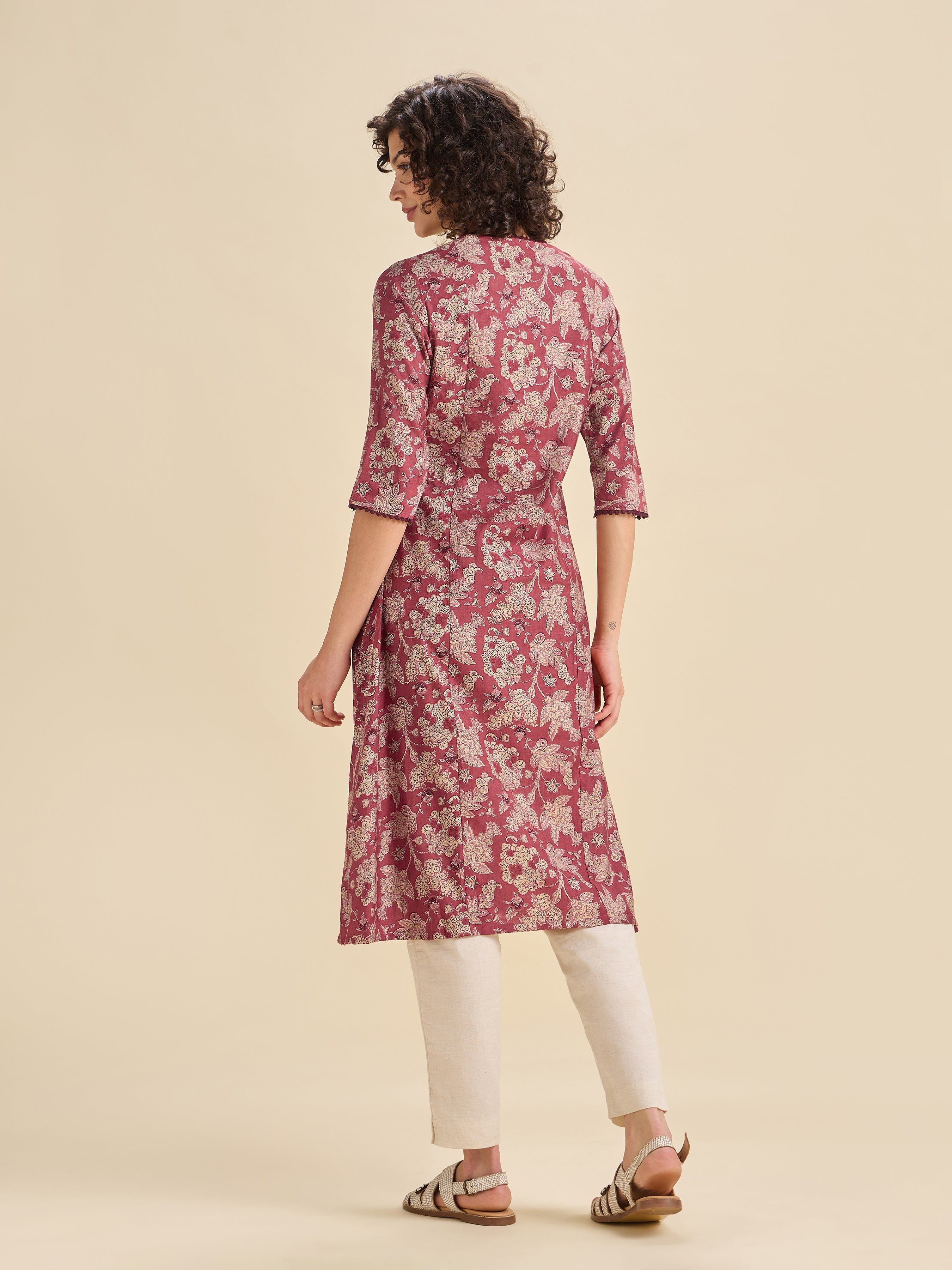 Maroon Multi Viscose Blend Printed Flared Kurti With Lace