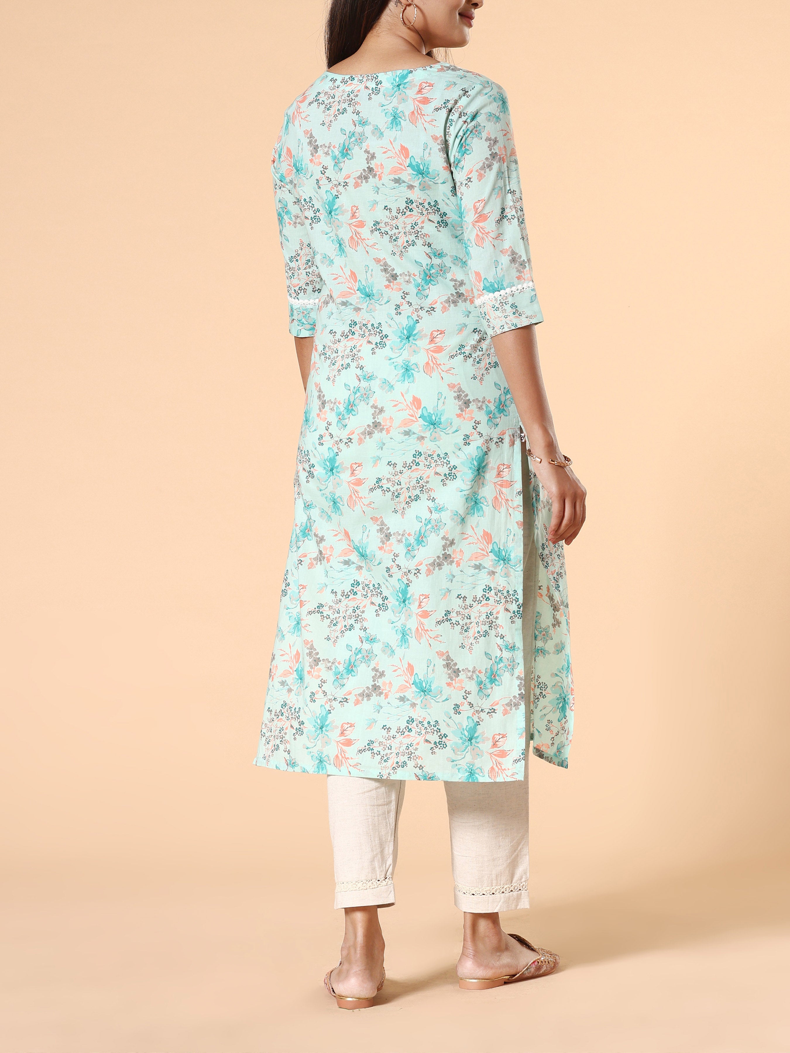 Aqua Blue Pure Cotton Printed Kurti With Lace Detailing