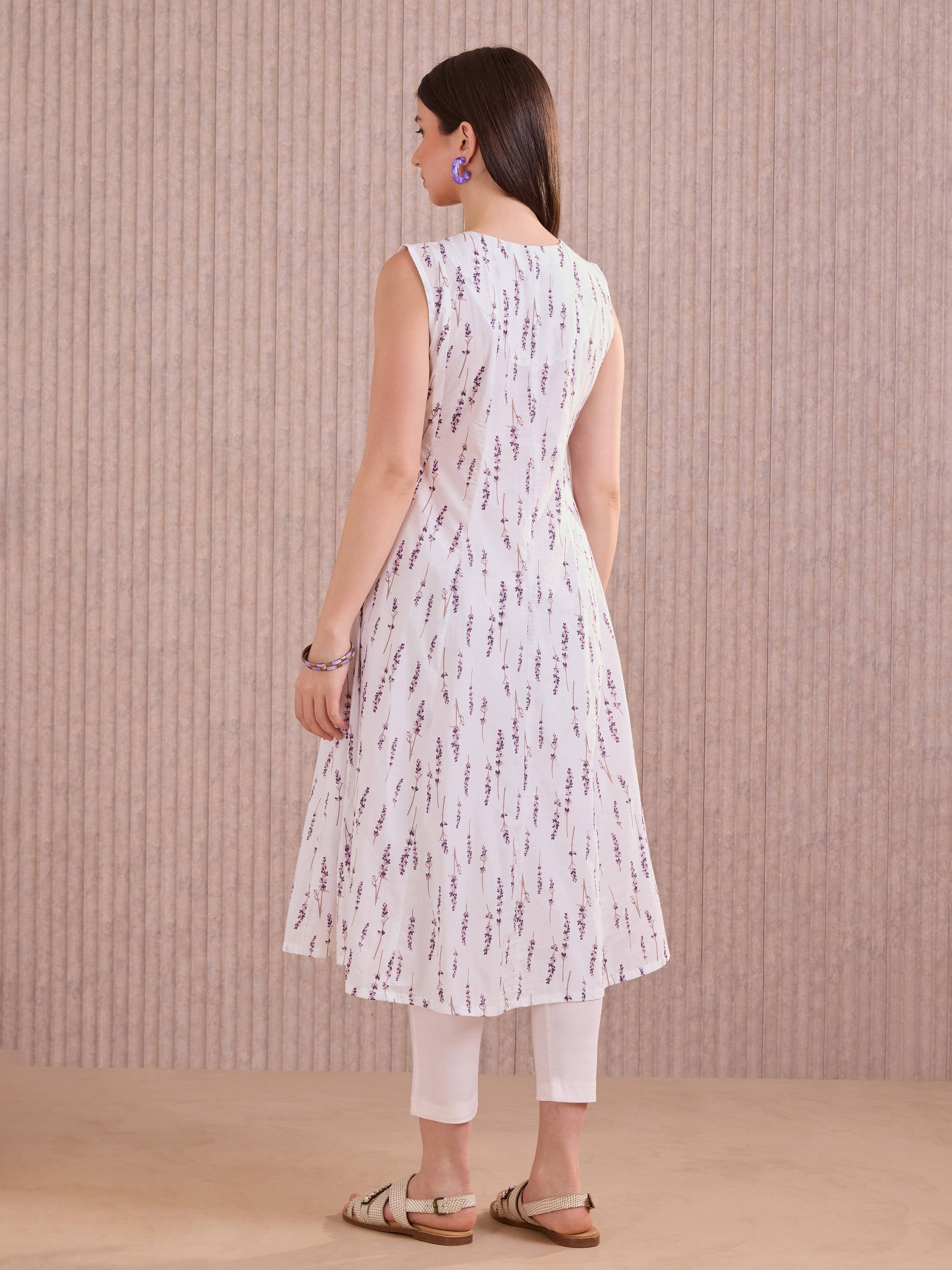 White And Purple Cotton Printed Flared Kali Cut Sleeve Less Kurti With Embroidery