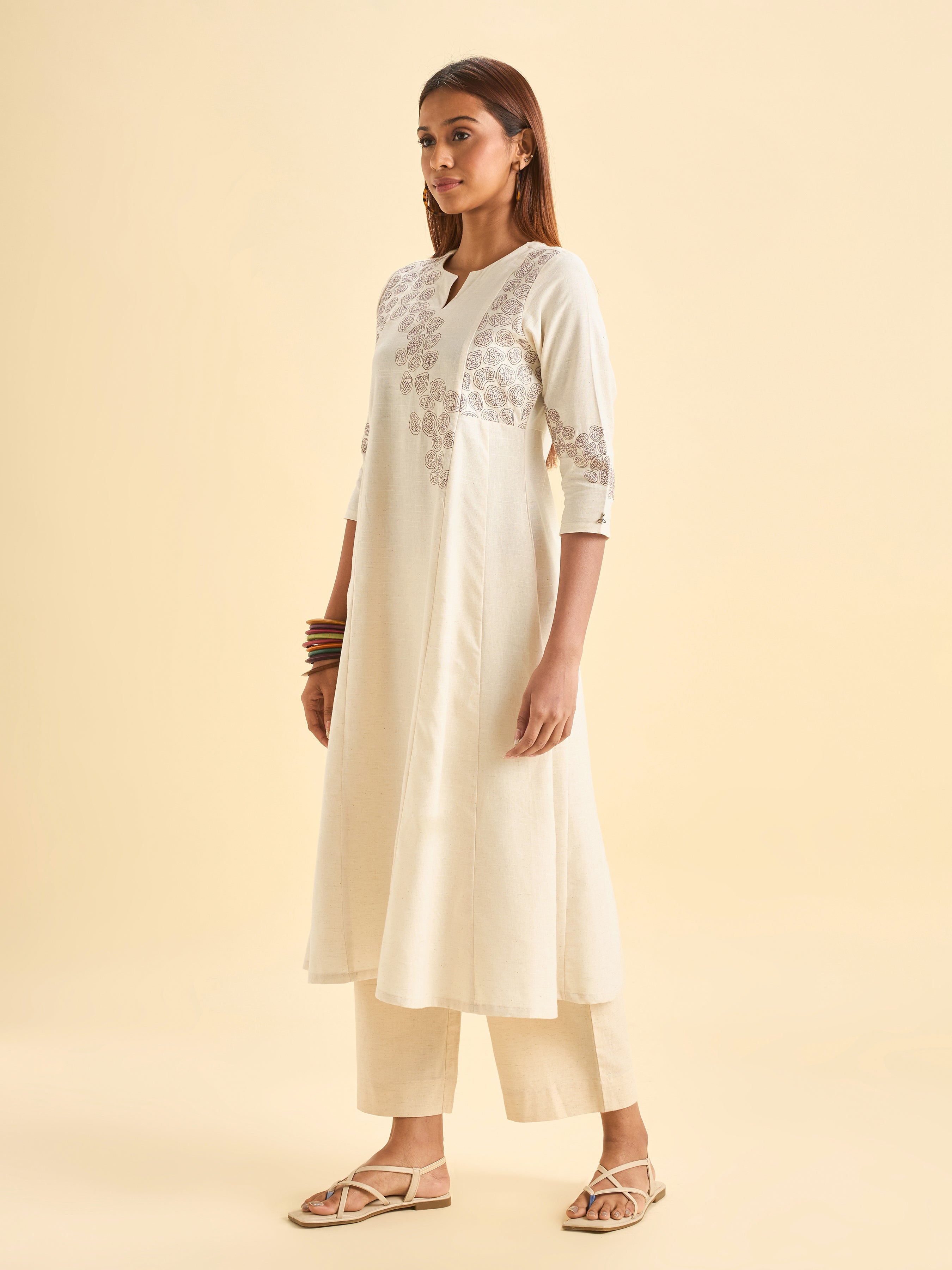 Ivory Cotton Flax Slub Flared Centre Panel Kurti