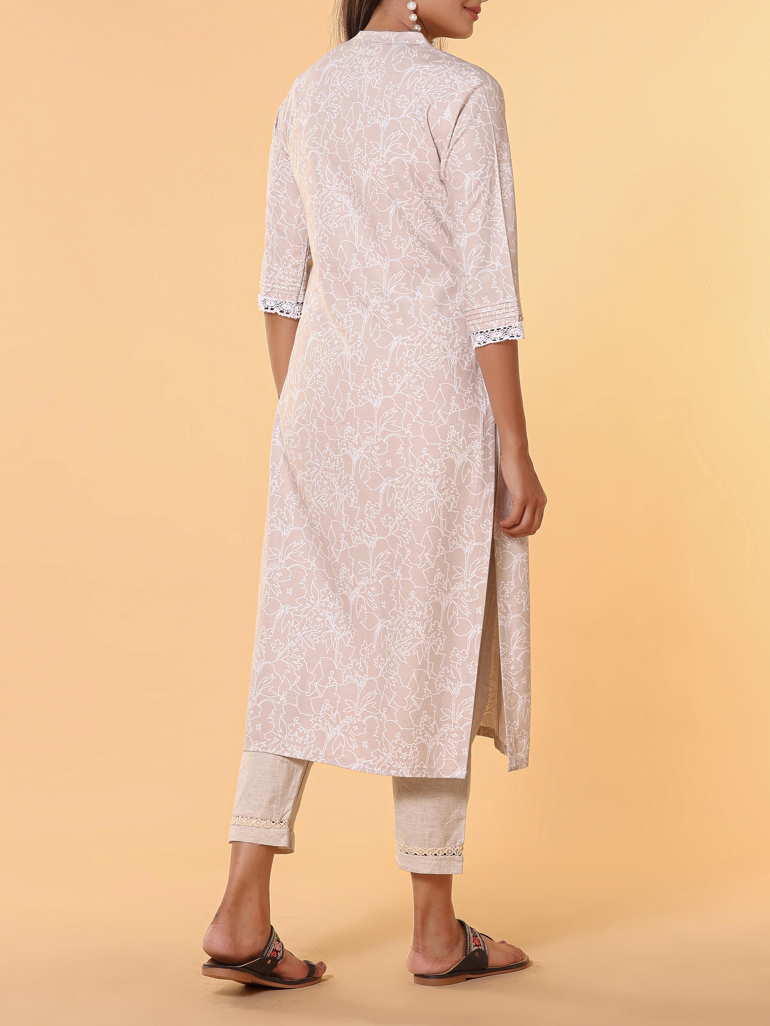 Ivory Modal Slub Printed Kurti With Button Placket