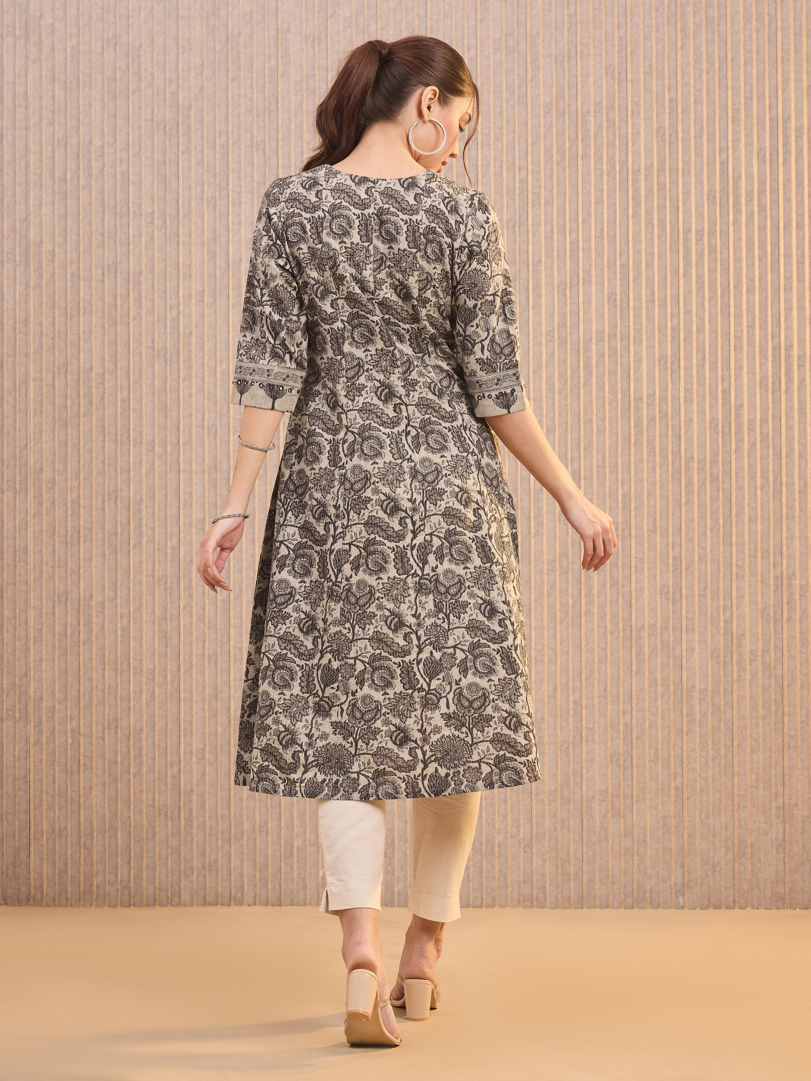 Coffee Brown Pure Cotton Katha Printed Kurti With Mirror Work