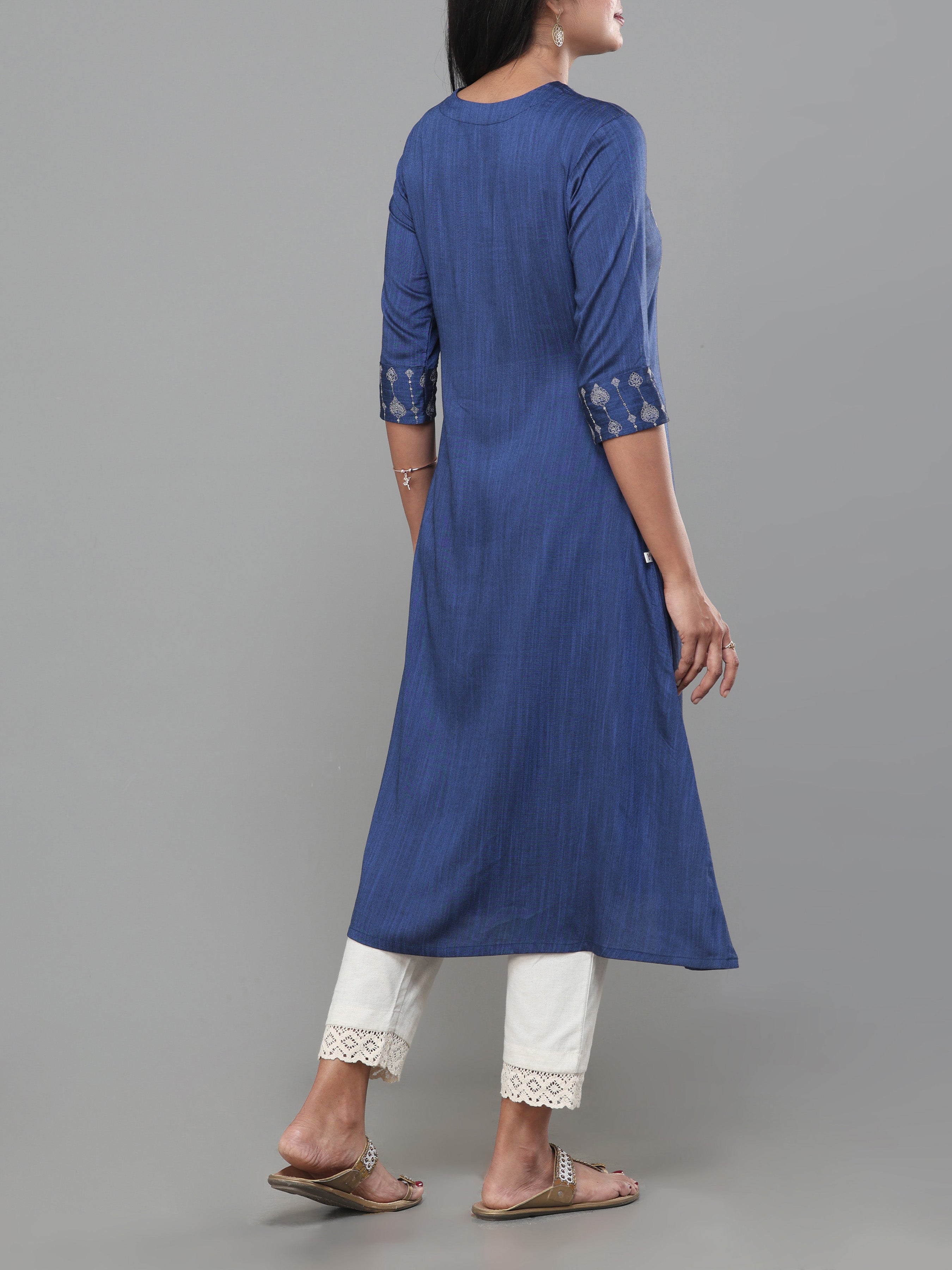 Royal Blue Viscose Slub Kurti With Embroidery