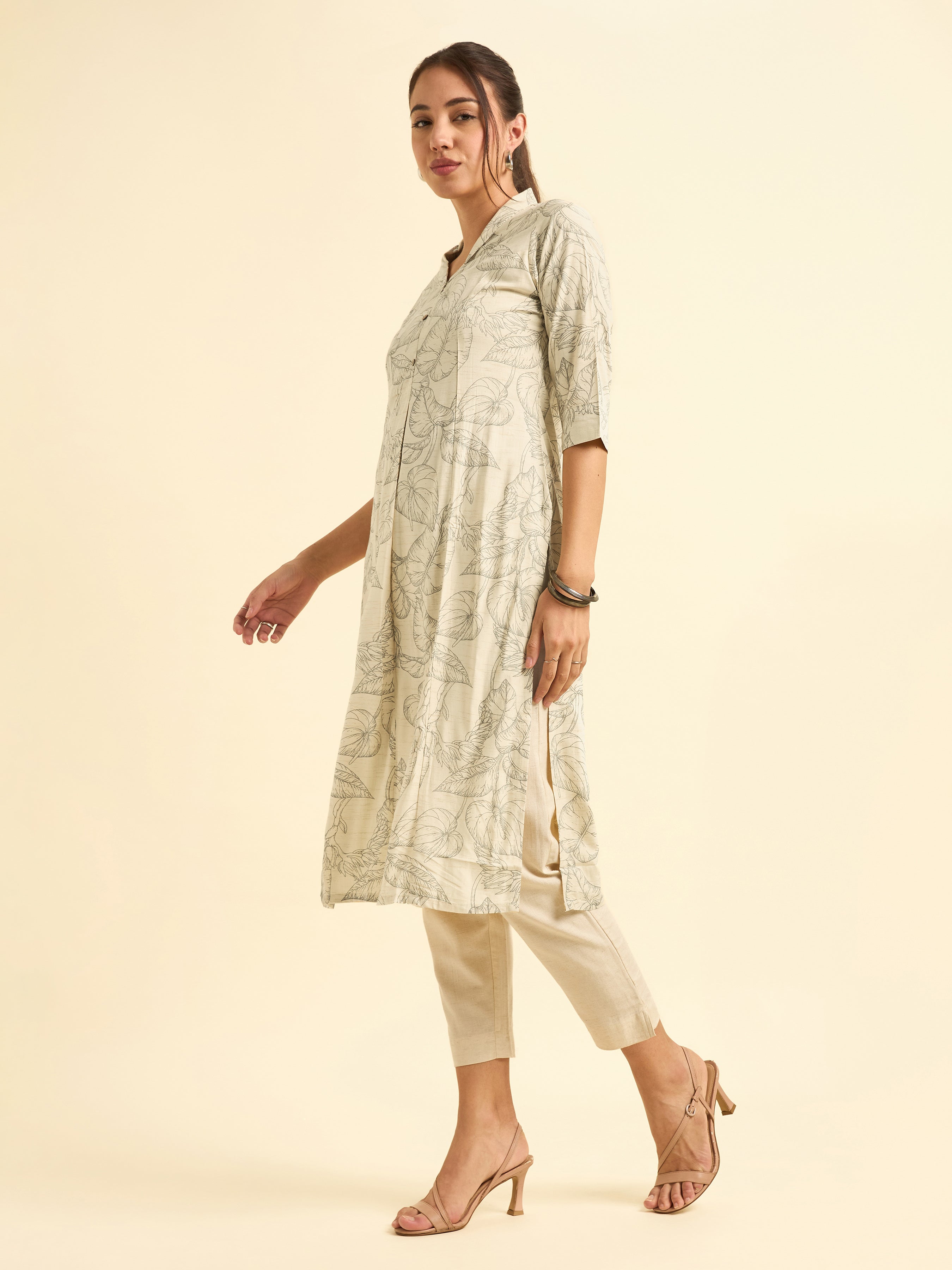 Ivory And Black Tencel Printed Flared Princess Cut Kurti