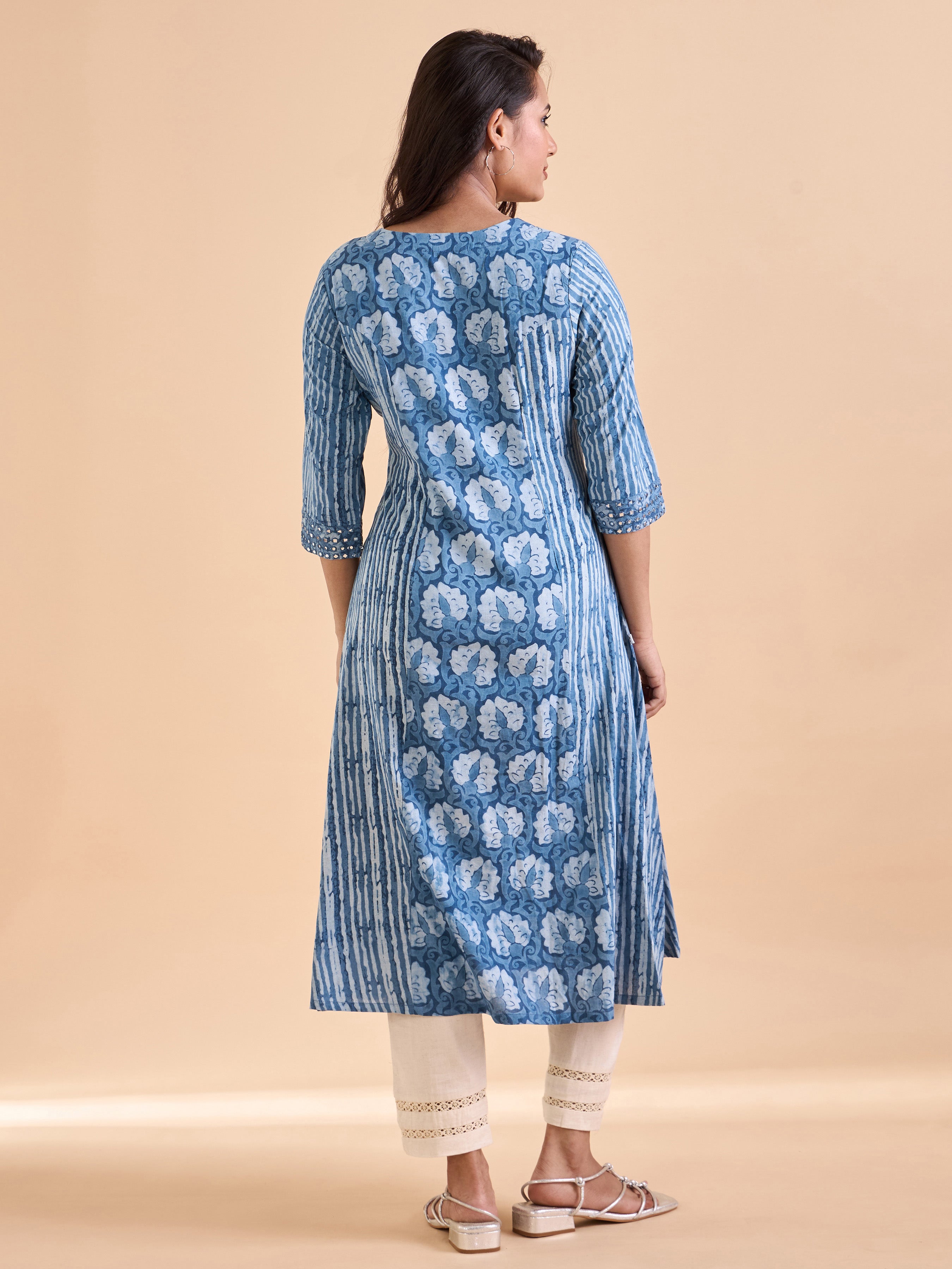Blue Pure Cotton Printed Kurti With mirror Work