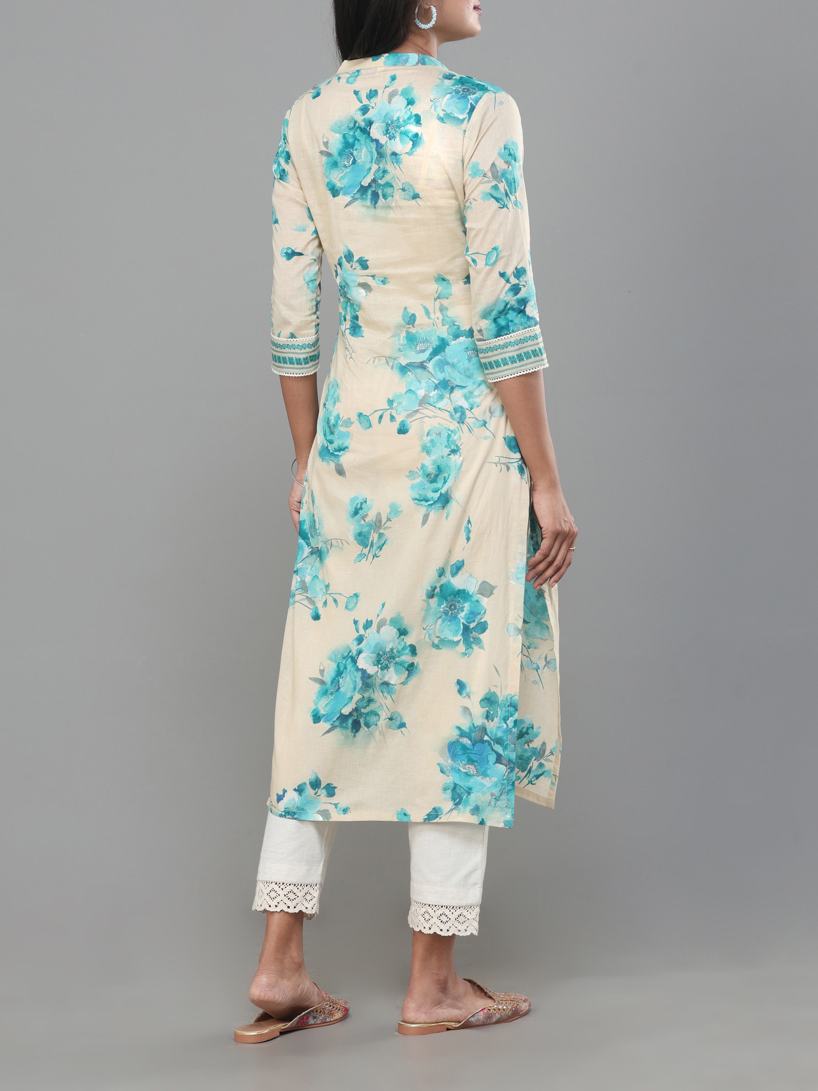 Beige And Blue Pure Cotton Printed Kurti With Center Cut