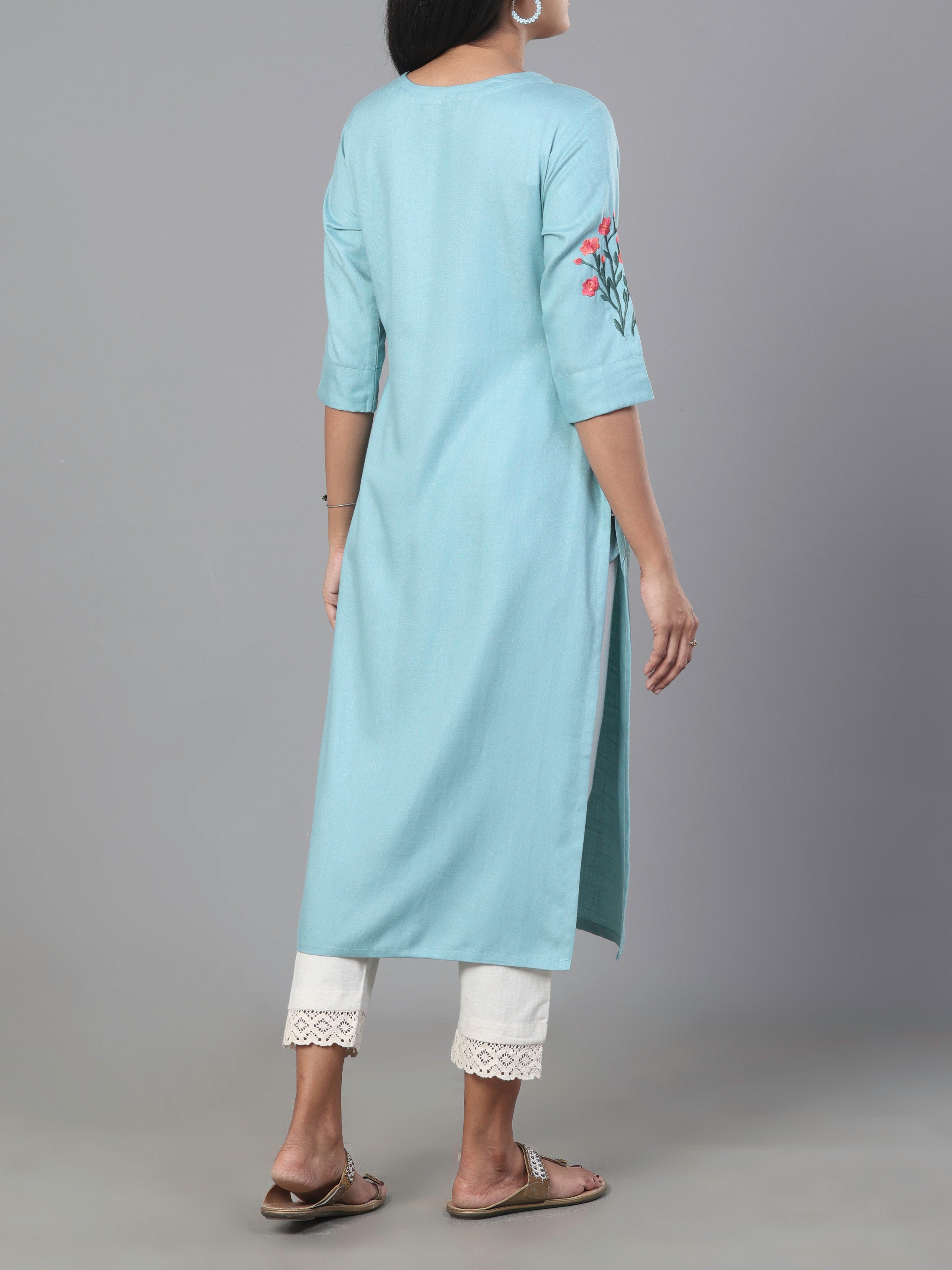 Light Blue Viscose Twill Plain Kurti With Embroidery