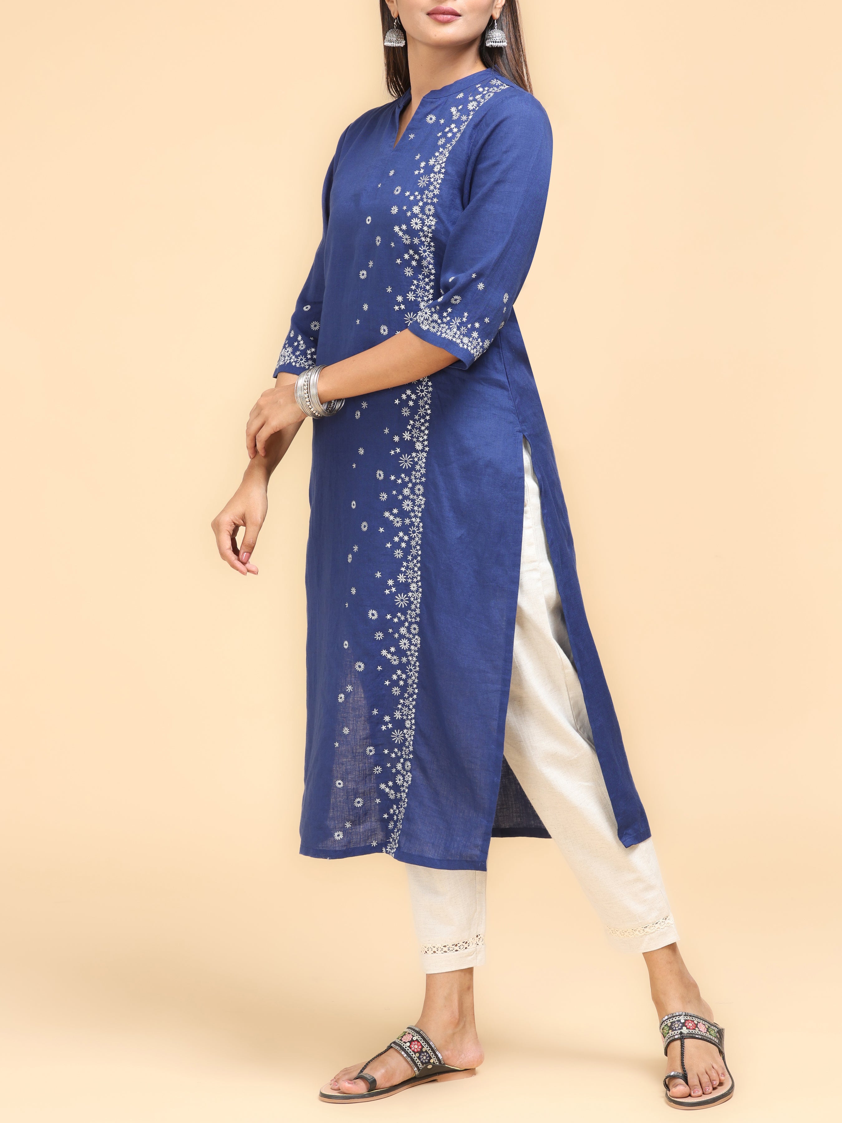 Royal Blue Cotton Linen Kurti With Embroidery