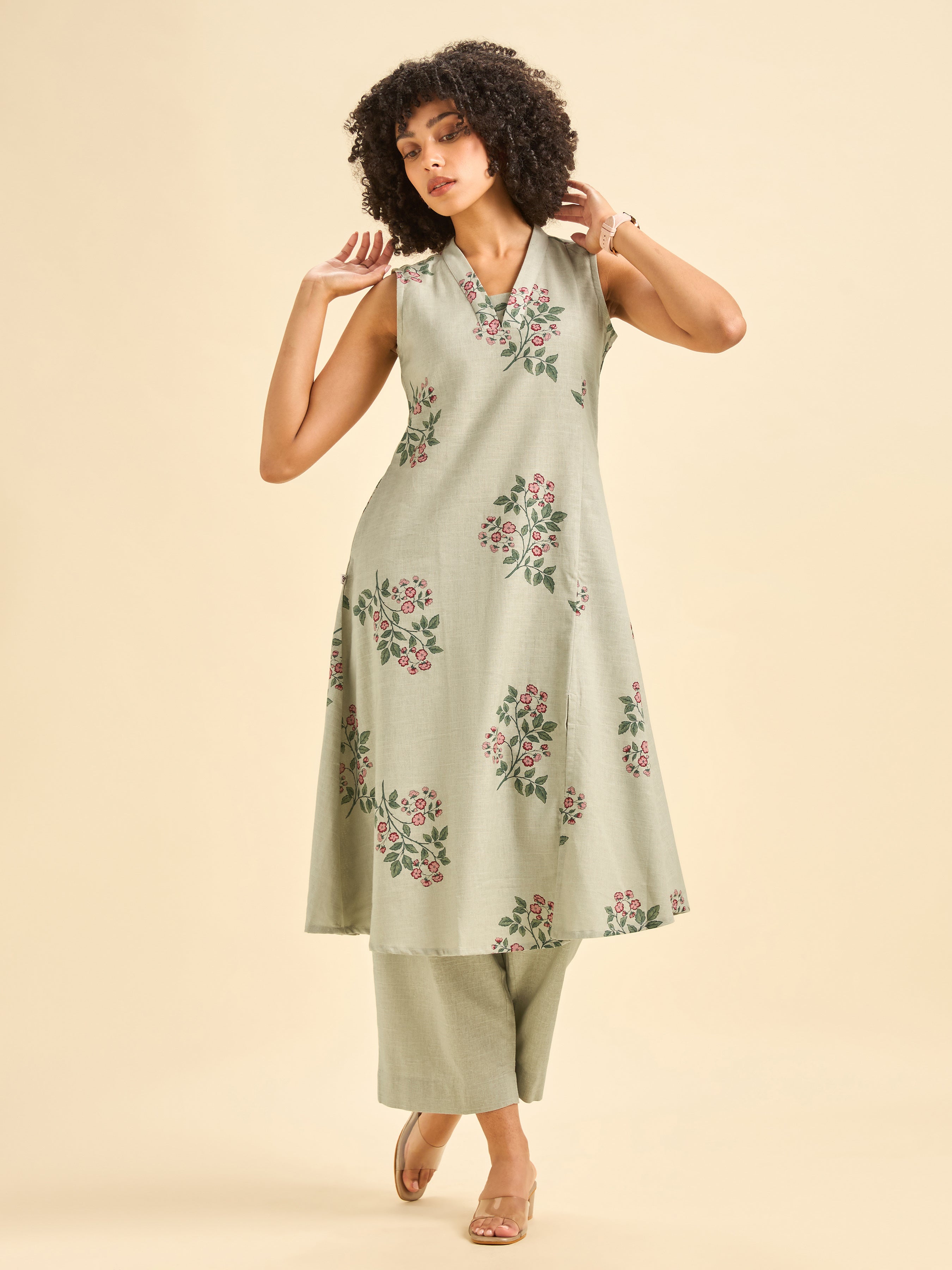Pista Green Cotton Flax Slub Sleeveless Kurti Set
