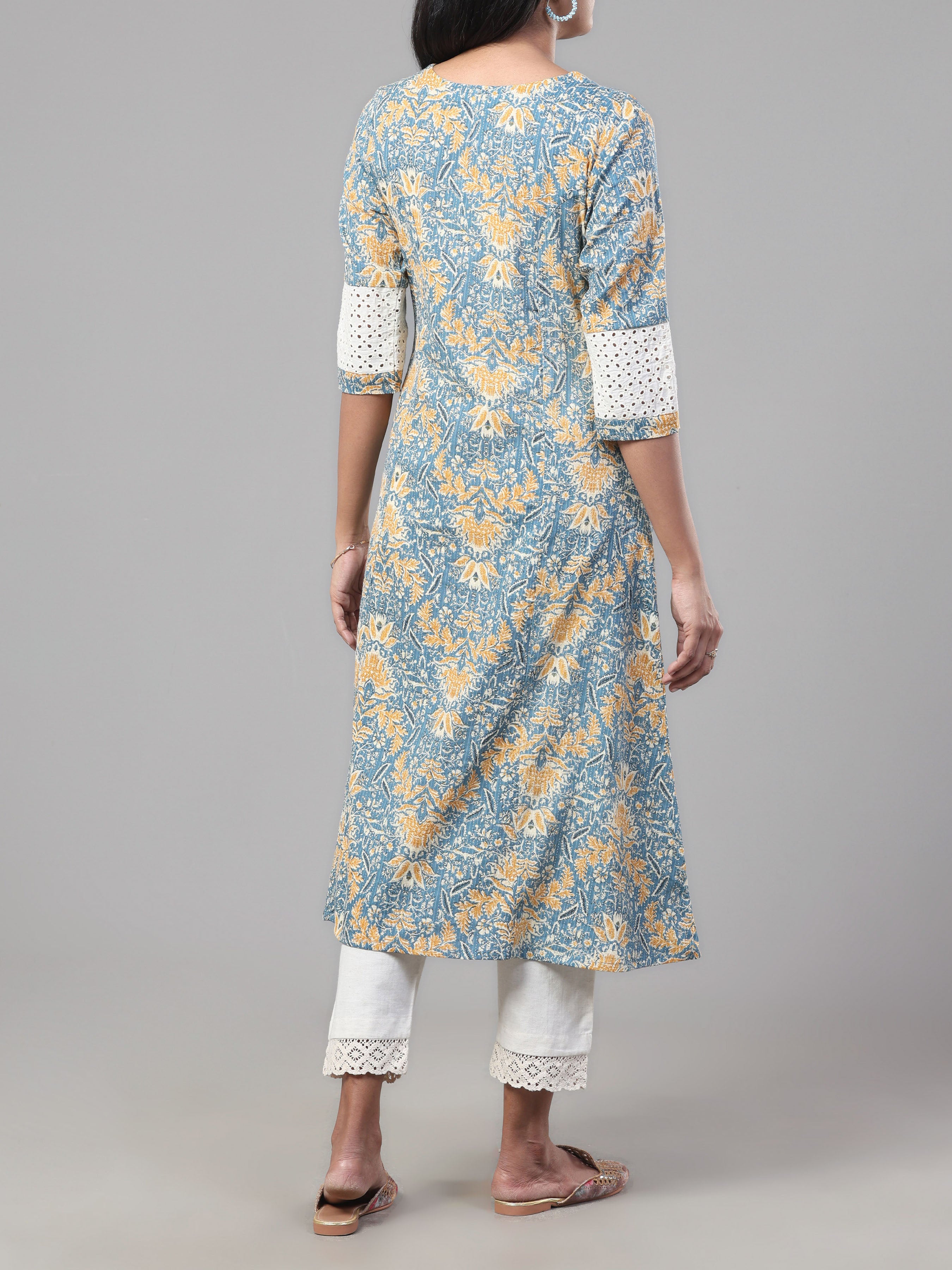 Light Blue Pure Cotton Printed Kurti With Mirror Work