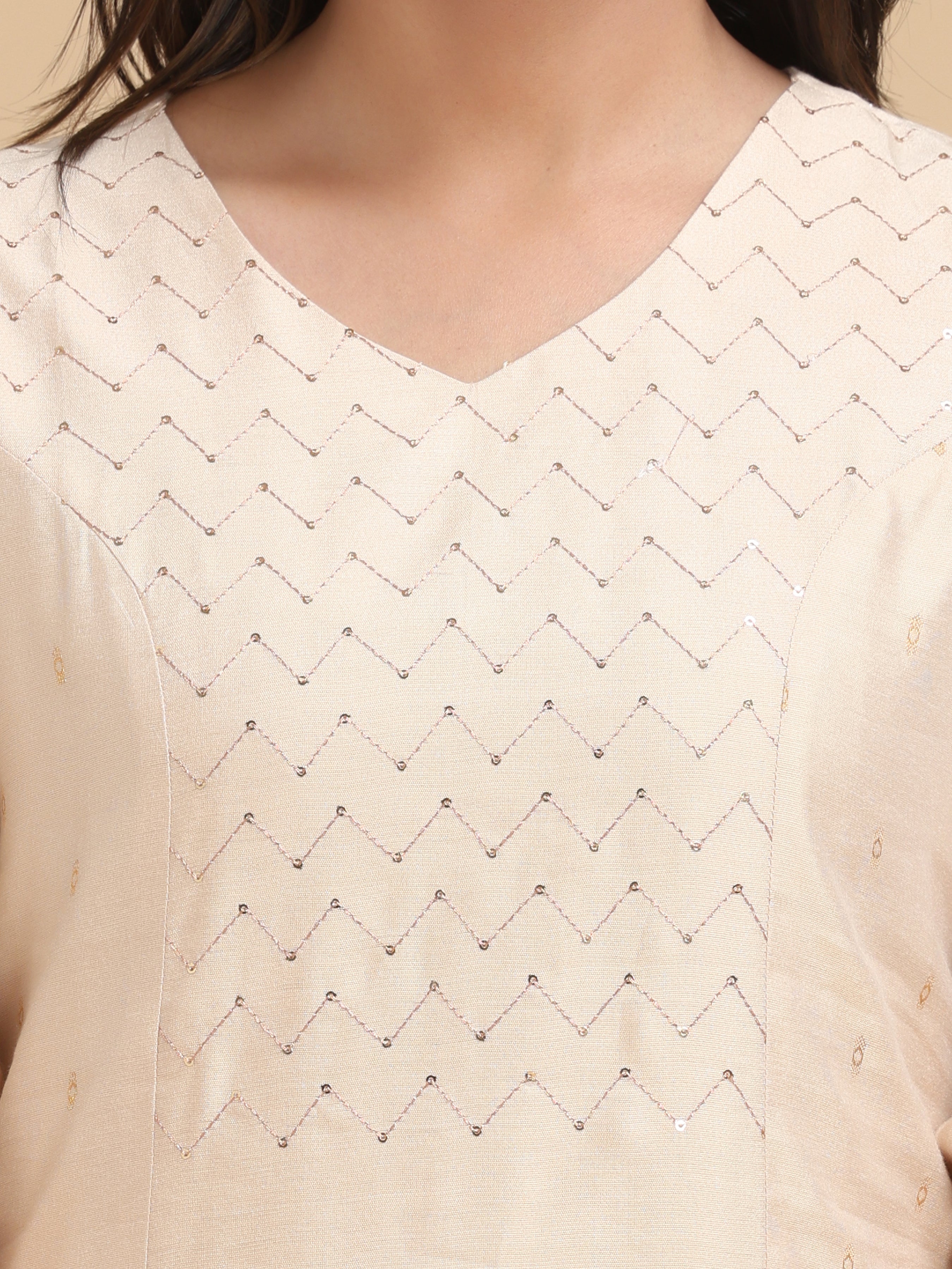 Beige Viscose Lain Kurti With Sequins Work