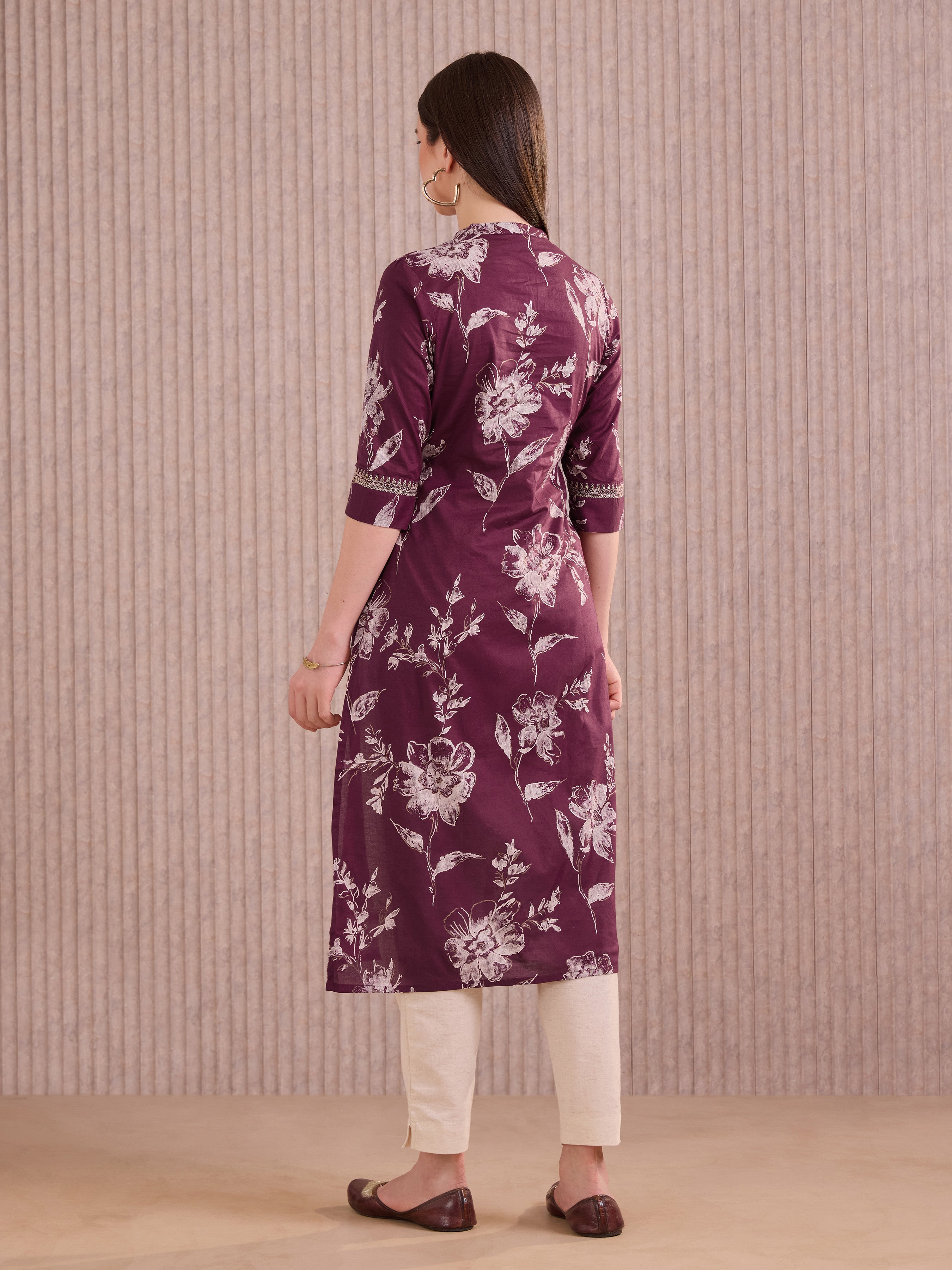 Meroon Pure Cotton Foil Printed Kurti With Sequins Embroidery
