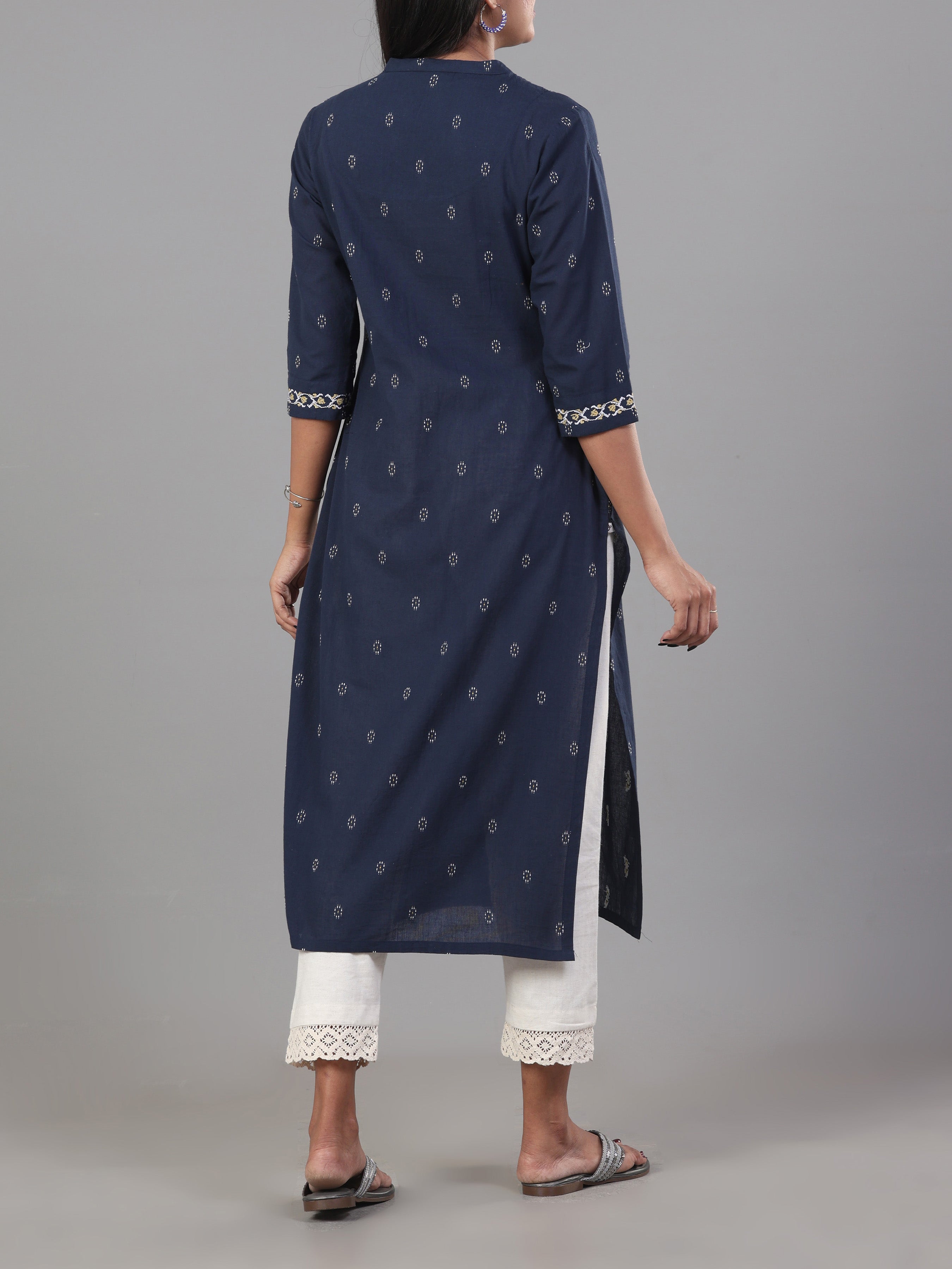 Navy Blue Cotton Dobby Kurti With Embroidery