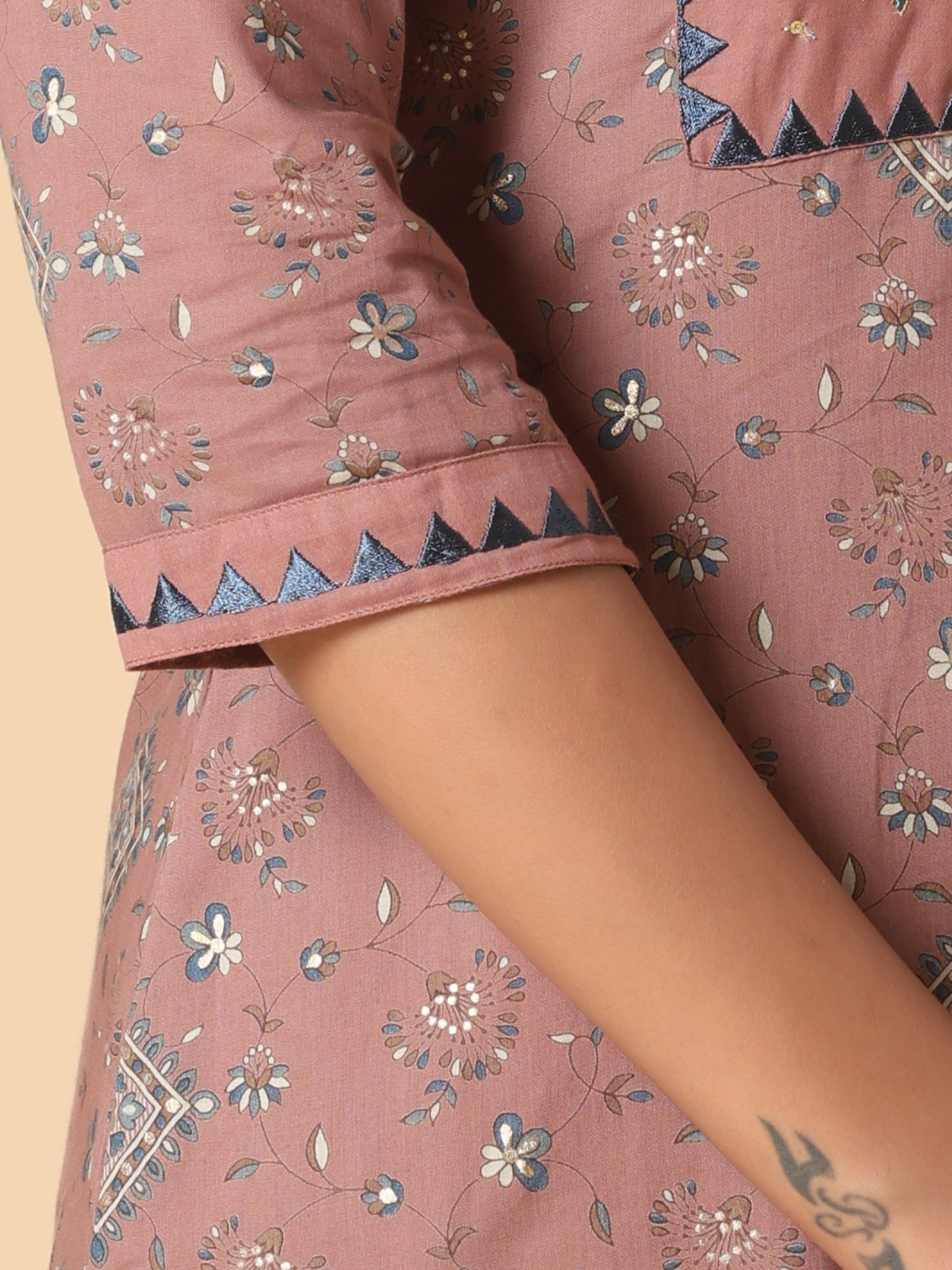 Light Brown Pure Cotton Printed Kurti With Embroidery