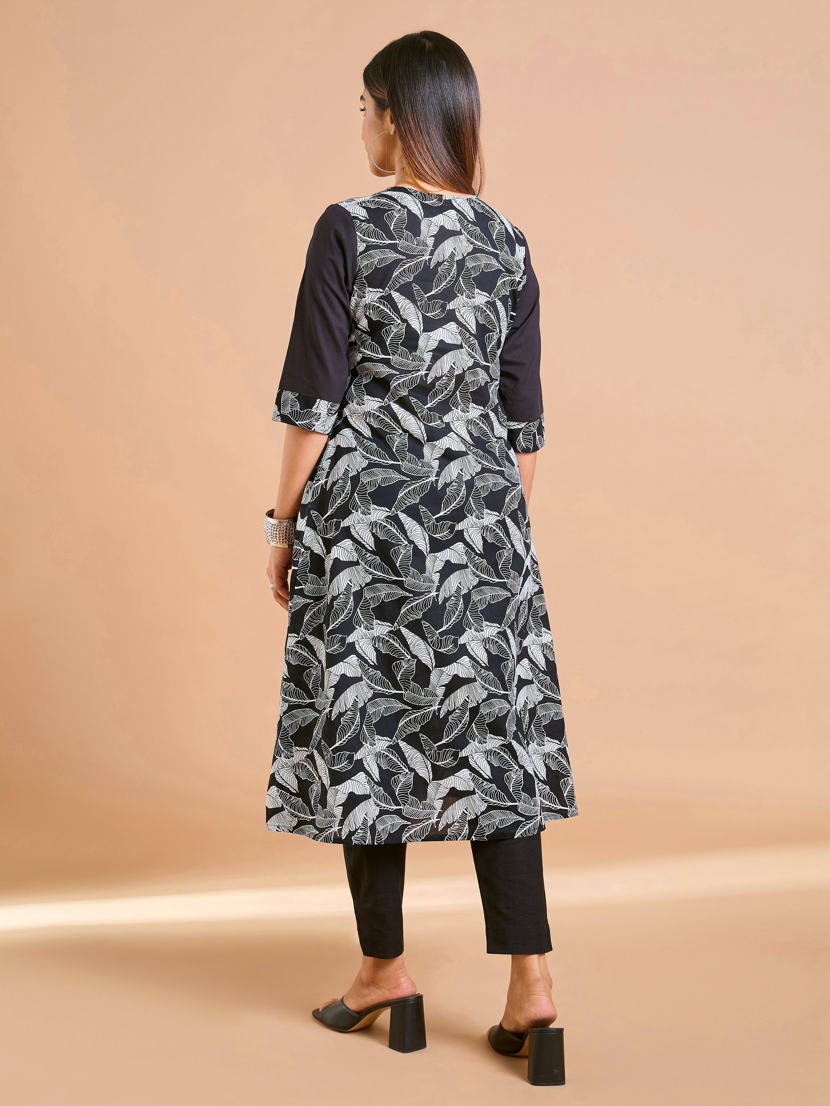 Black Pure Cotton Printed Kurti with princess cut