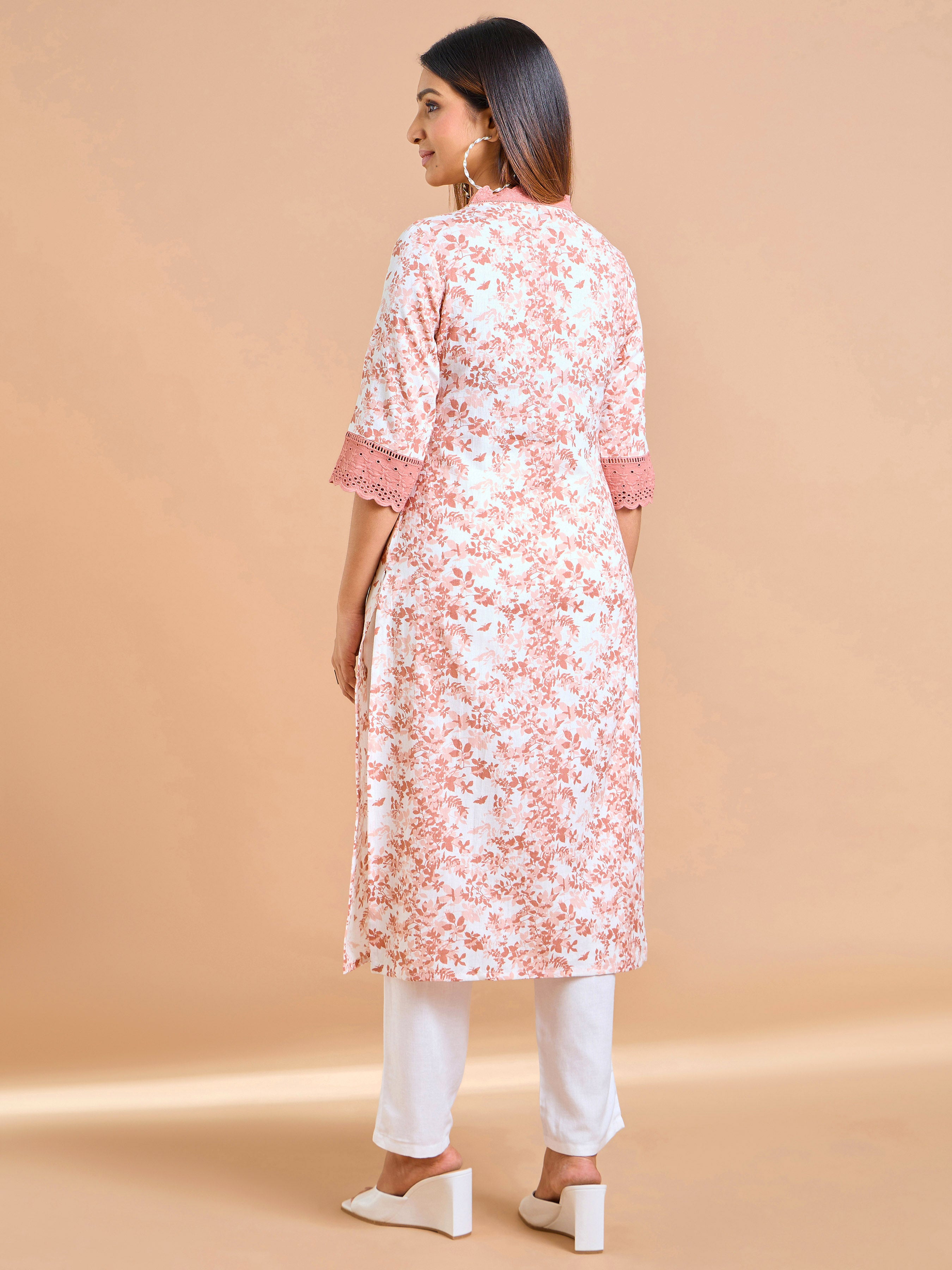 Peach Cotton Flax Printed Kurti With Lace
