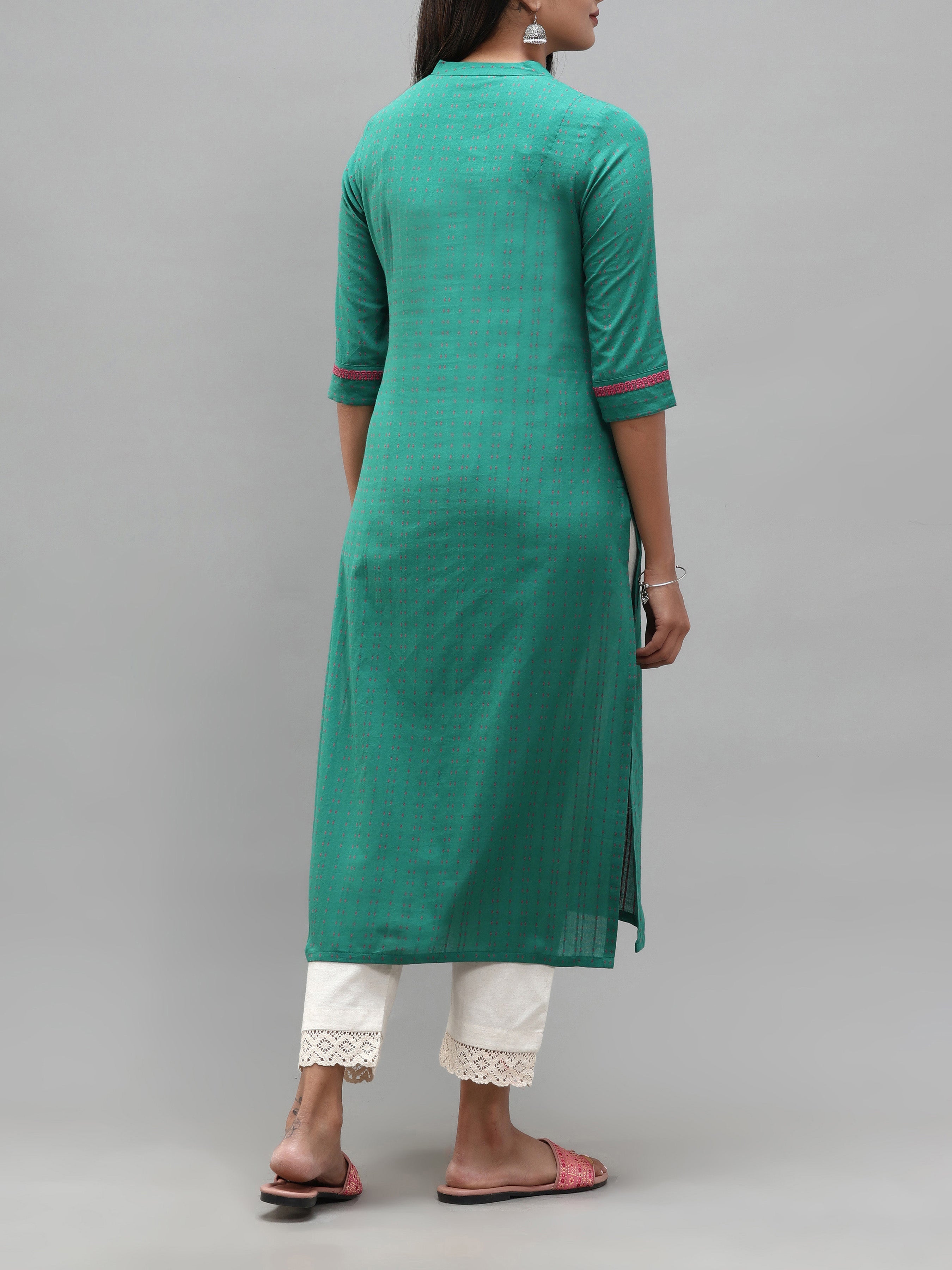 Rama Green Cotton Dobby Kurti With Embroidery