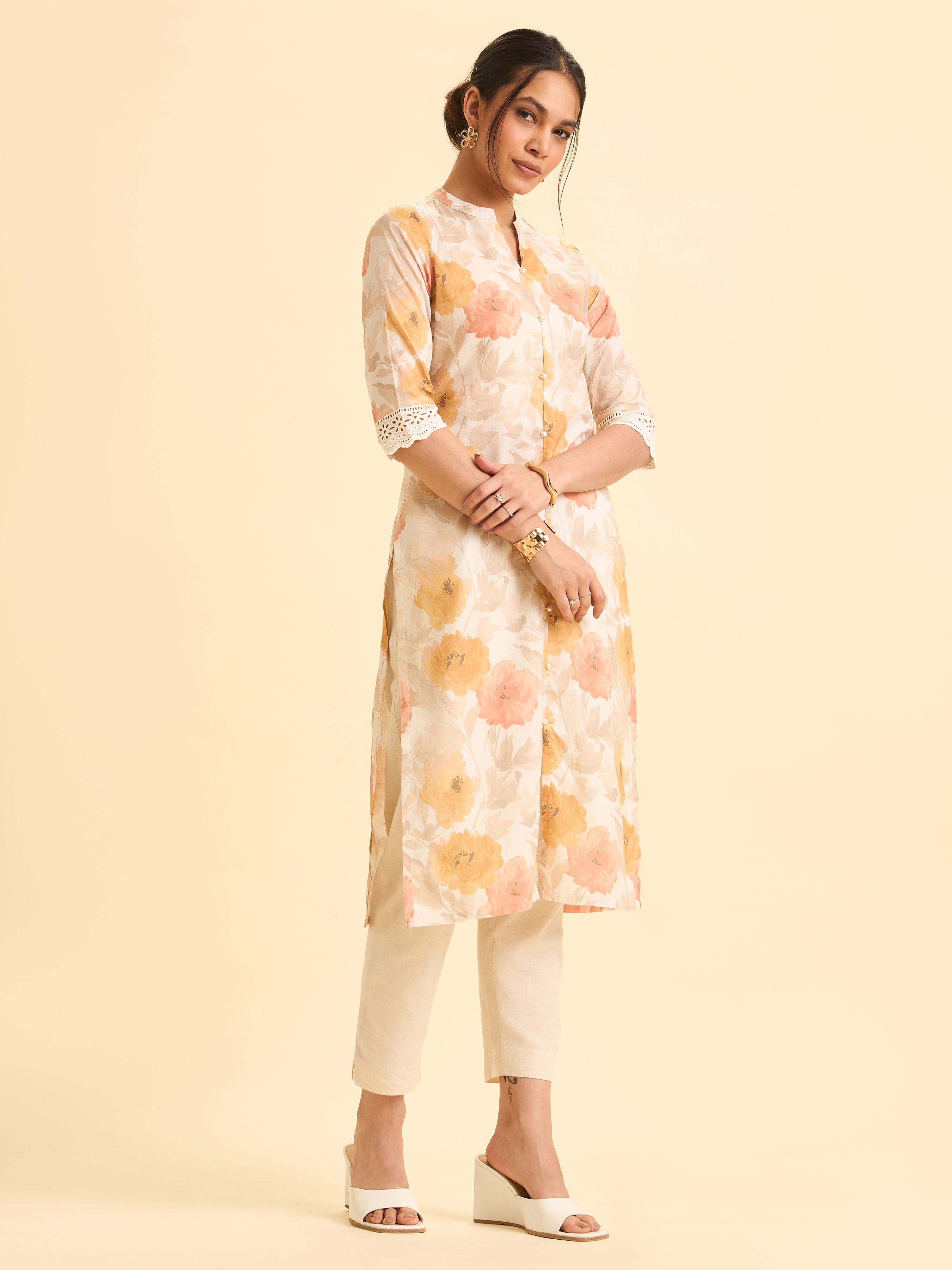 Ivory And Mustard Yellow Pure Cotton Printed Slited Kurti With Lace