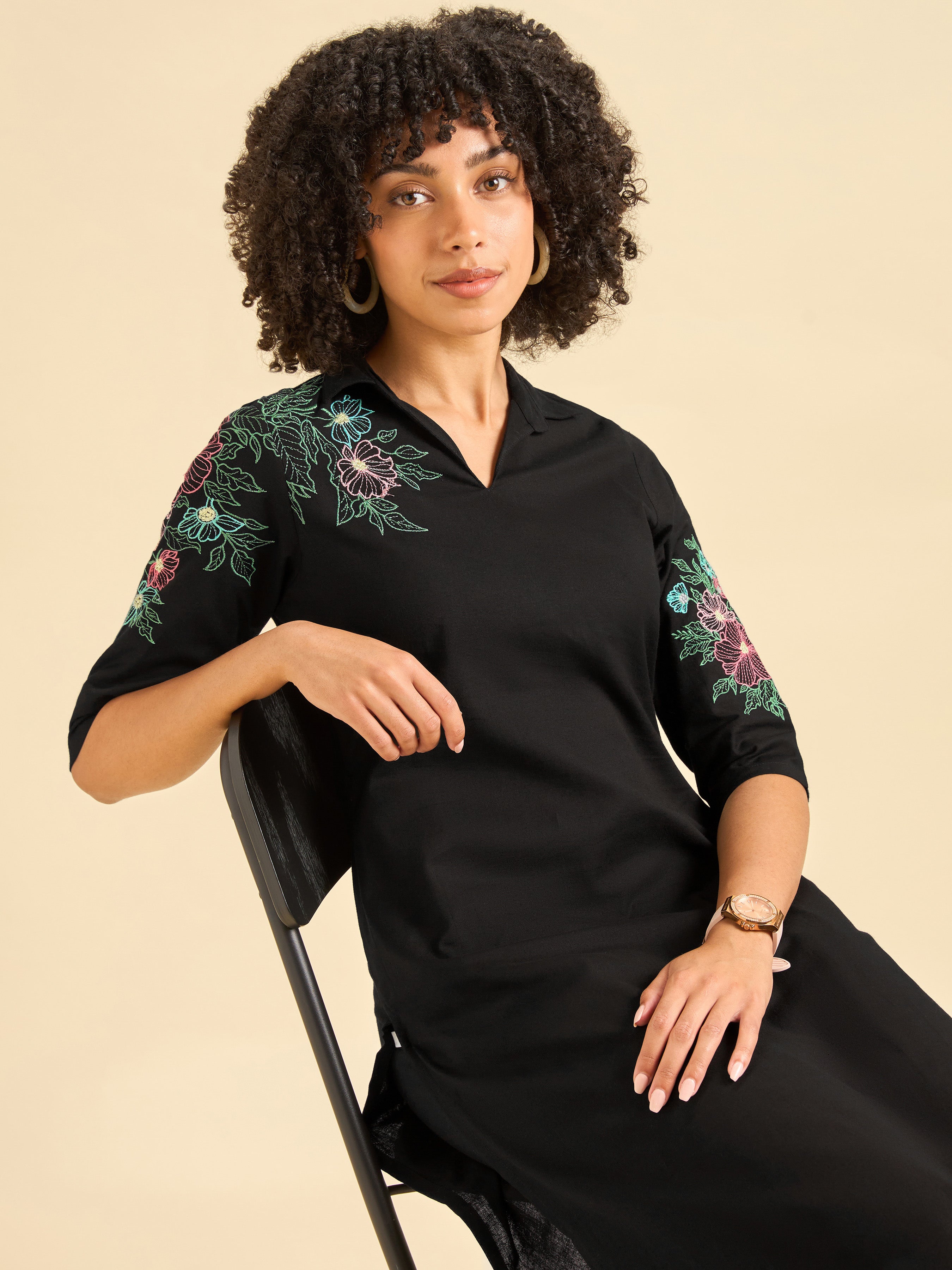 Black Cotton Flax Plain Slited Kurti With Embroidery