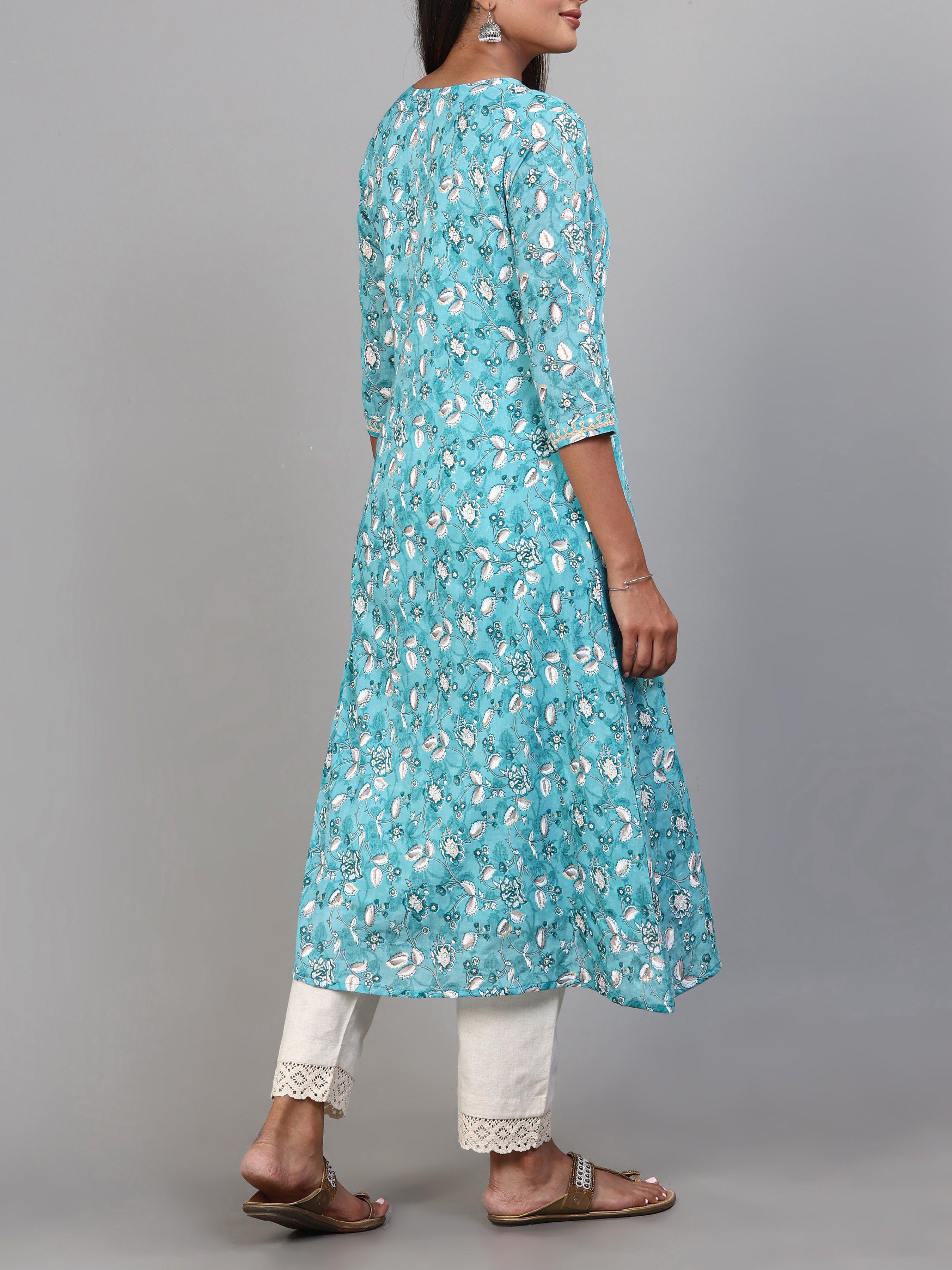 Aqua Blue Pure Cotton Printed Kurti With Embroidery